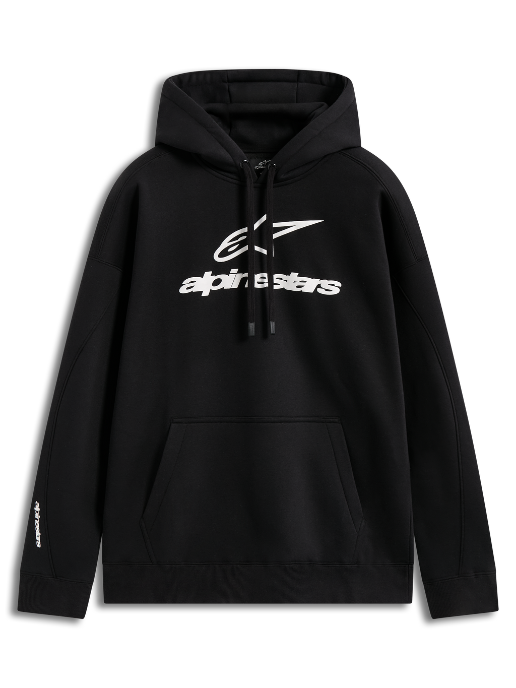 Alpinestars Prelude Oversized Hoodie, Black Sportswear Fleece with White Puff Print Logo and Kangaroo Pocket.