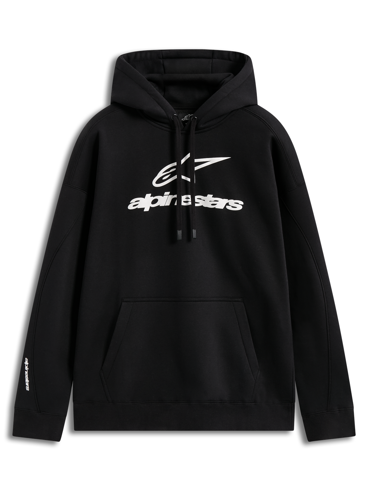 Alpinestars Prelude Oversized Hoodie, Black Sportswear Fleece with White Puff Print Logo and Kangaroo Pocket.