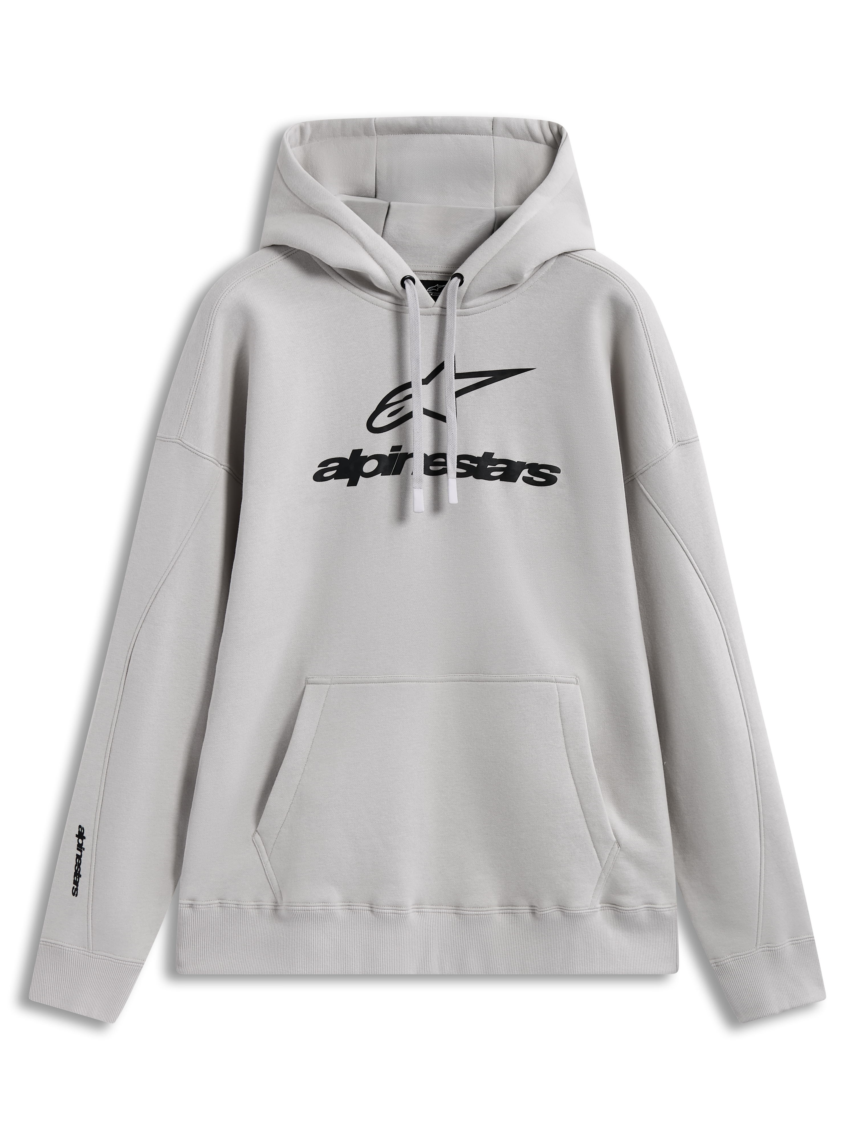 Alpinestars Prelude Oversized Hoodie, Kapuzenpullover in Sand, Vorderseite mit Puff-Print-Logo, Kängurutasche und Logo-Print am Ärmel, weiches Fleece-Material, lässige Motorsport-Sportswear