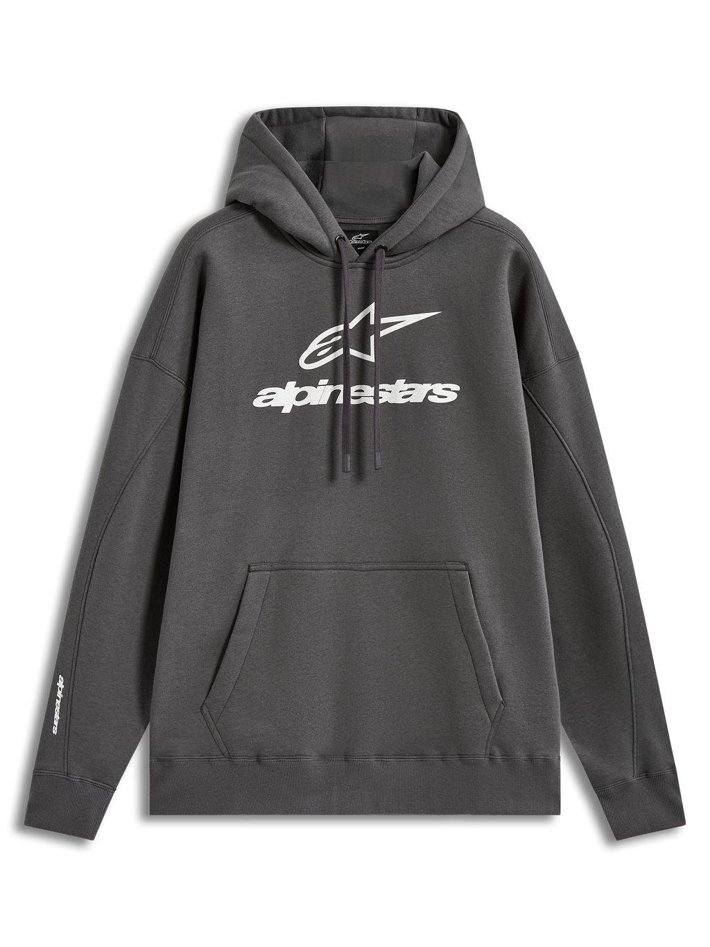 Alpinestars Prelude Oversized Hoodie in Grau, Fleece-Pullover mit weißem Puff-Logo und Kängurutasche.
