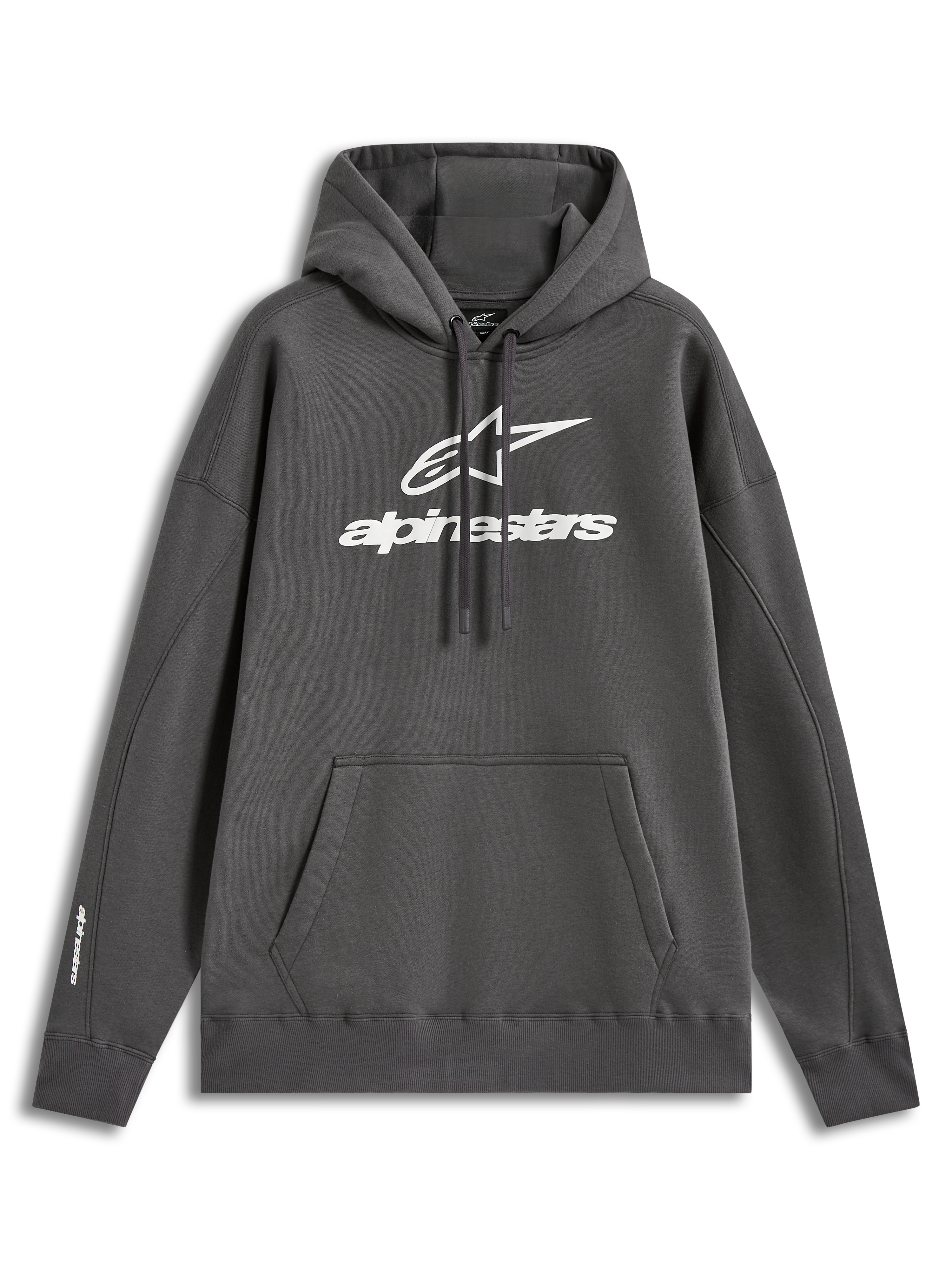 Alpinestars Prelude Oversized Hoodie in Grau, Fleece-Pullover mit weißem Puff-Logo und Kängurutasche.