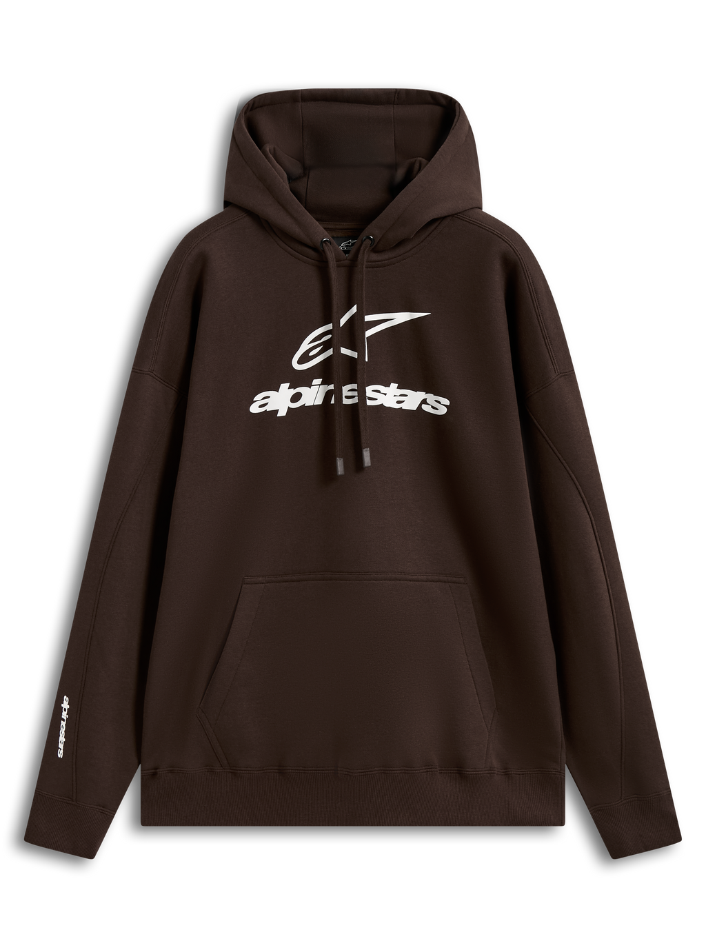 Alpinestars Prelude Oversized Hoodie, brauner Sportswear-Kapuzenpullover aus Fleece, weißes Puff-Print-Logo auf der Brust, Kängurutasche, lässiger Motorsport-Stil