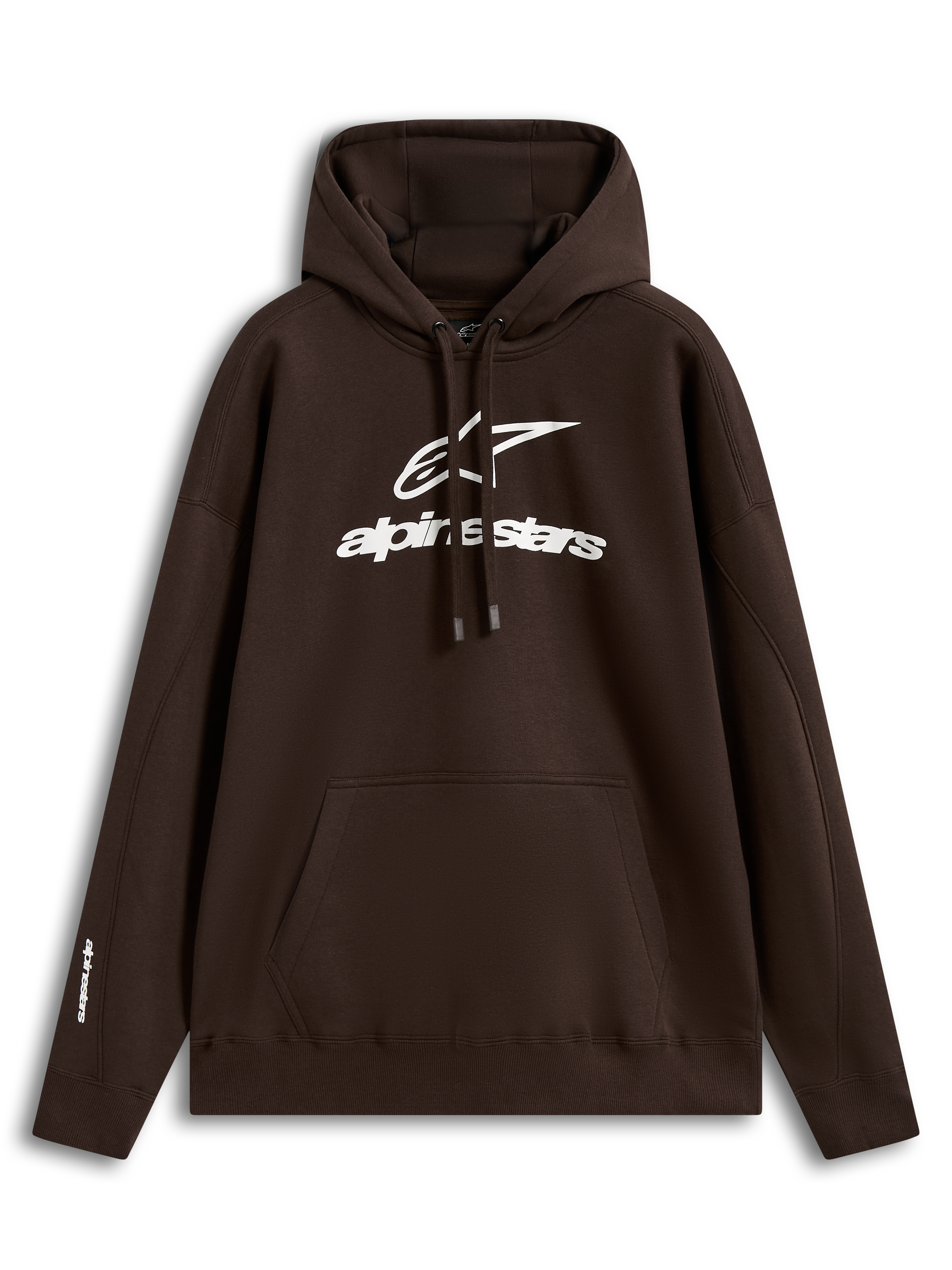 Alpinestars Prelude Oversized Hoodie, brauner Sportswear-Kapuzenpullover aus Fleece, weißes Puff-Print-Logo auf der Brust, Kängurutasche, lässiger Motorsport-Stil