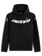 Alpinestars Velocifier Hoodie, schwarzer Lifestyle-Kapuzenpullover mit auffälliger weißer astars-Grafik auf der Brust, Kängurutasche und Ärmellogos, lässige Motorsport-Streetwear