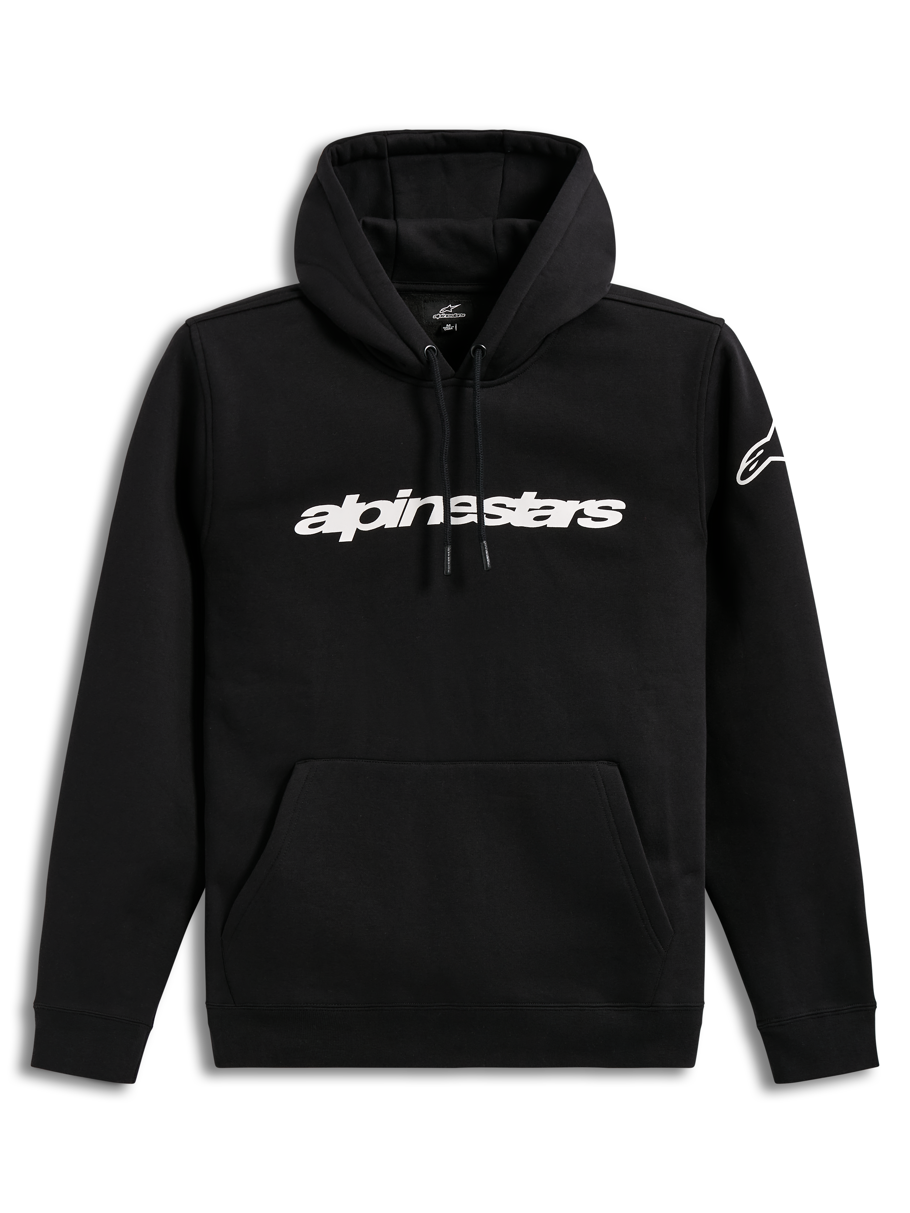 Alpinestars Race Wordmark Hoodie, Kapuzenpullover aus Fleece in Schwarz und Weiß, mit linearem Brust-Logo und Ärmel-Branding.