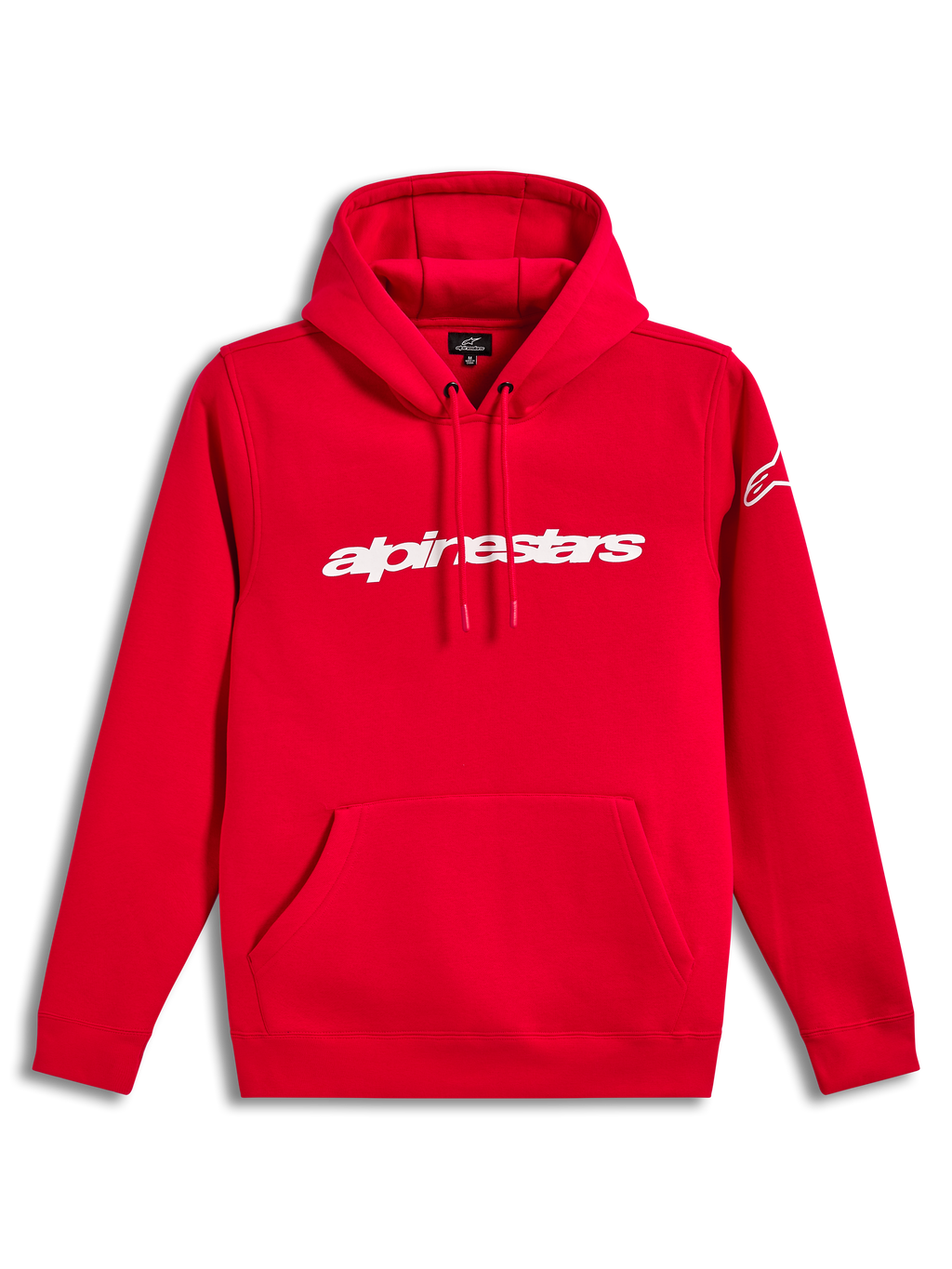 Alpinestars Race Wordmark Hoodie, roter Fleece-Kapuzenpullover mit weißem linearem Logo auf der Brust, Kapuze mit Kordelzug und Kängurutasche, Motorsport-Streetwear in Rot und Weiß.