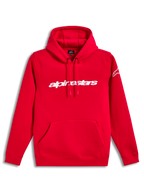 Alpinestars Race Wordmark Hoodie, roter Fleece-Kapuzenpullover mit weißem linearem Logo auf der Brust, Kapuze mit Kordelzug und Kängurutasche, Motorsport-Streetwear in Rot und Weiß.