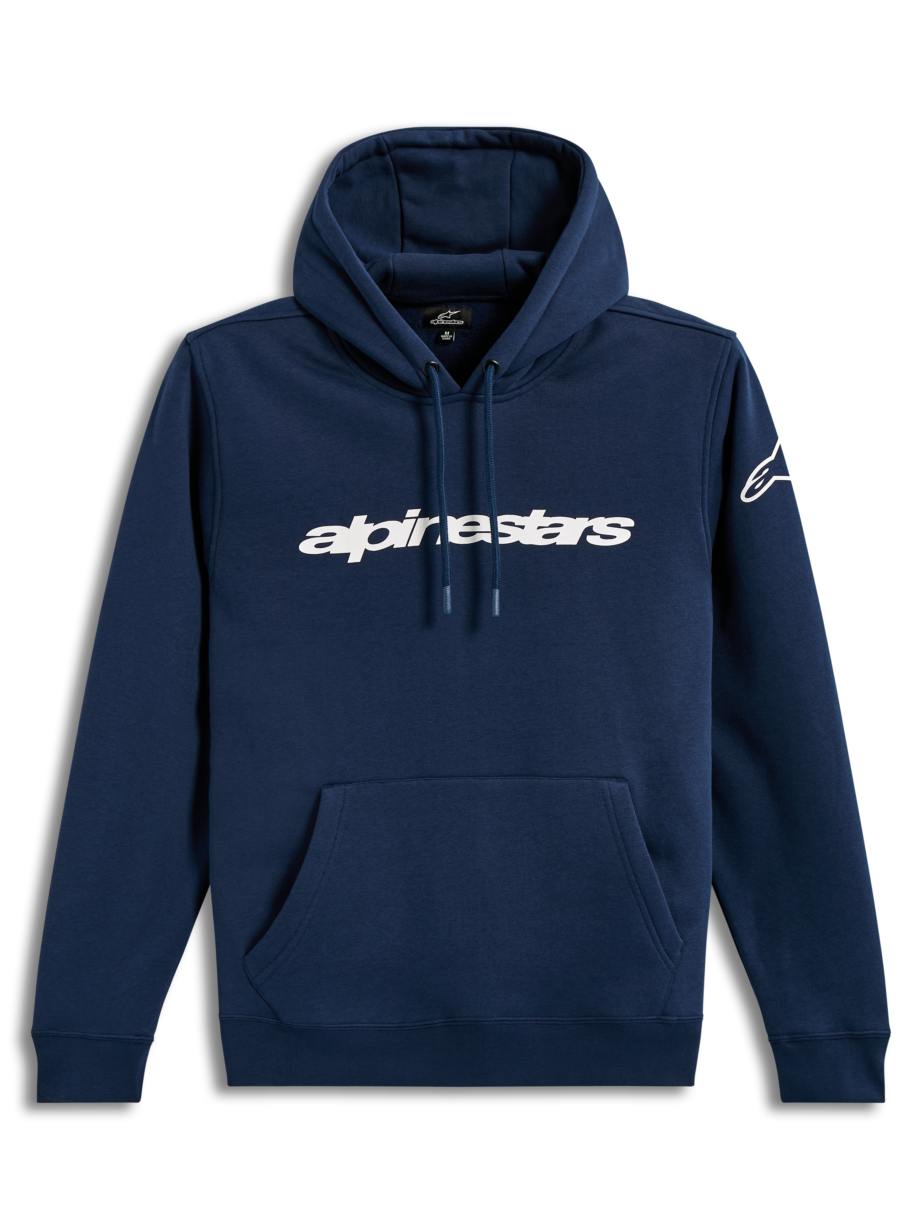 Alpinestars Race Wordmark Hoodie, Kapuzenpullover aus Fleece in Navyblau und Weiß, mit Front-Schriftzug und Ärmellogo.