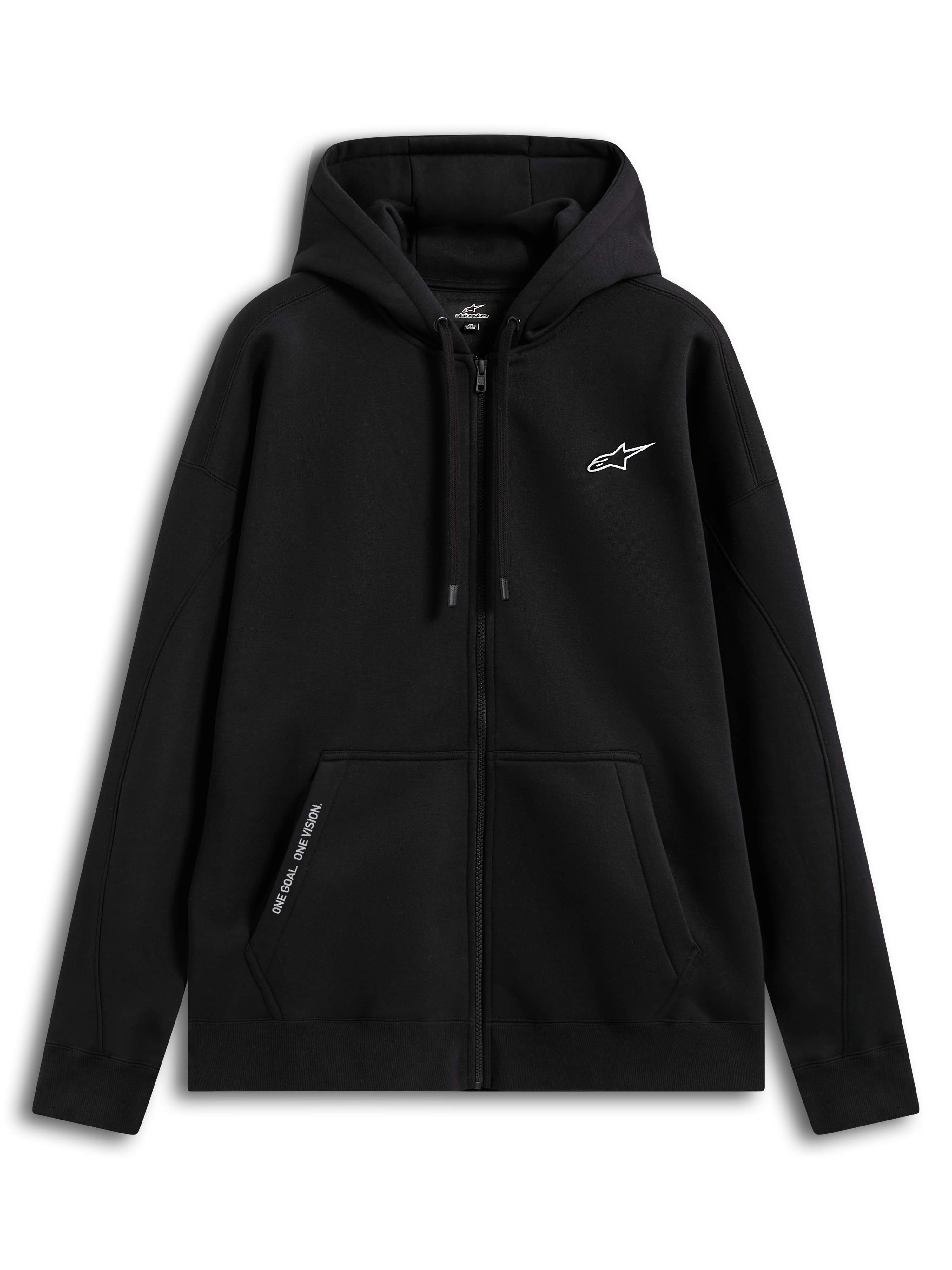 Alpinestars Pioneer Oversized Hoodie, Sportswear-Kapuzenjacke mit Reißverschluss, Schwarz, entspannte Oversized-Passform mit Vislon-Frontreißverschluss, Kängurutasche mit gesticktem „ONE GOAL. ONE VISION.“ Text, selbstgefütterte Kapuze mit Kordelzug und weißem Alpinestars-Logo auf der Brust, Konstruktion aus 80 % Baumwolle und 20 % recyceltem Polyester.