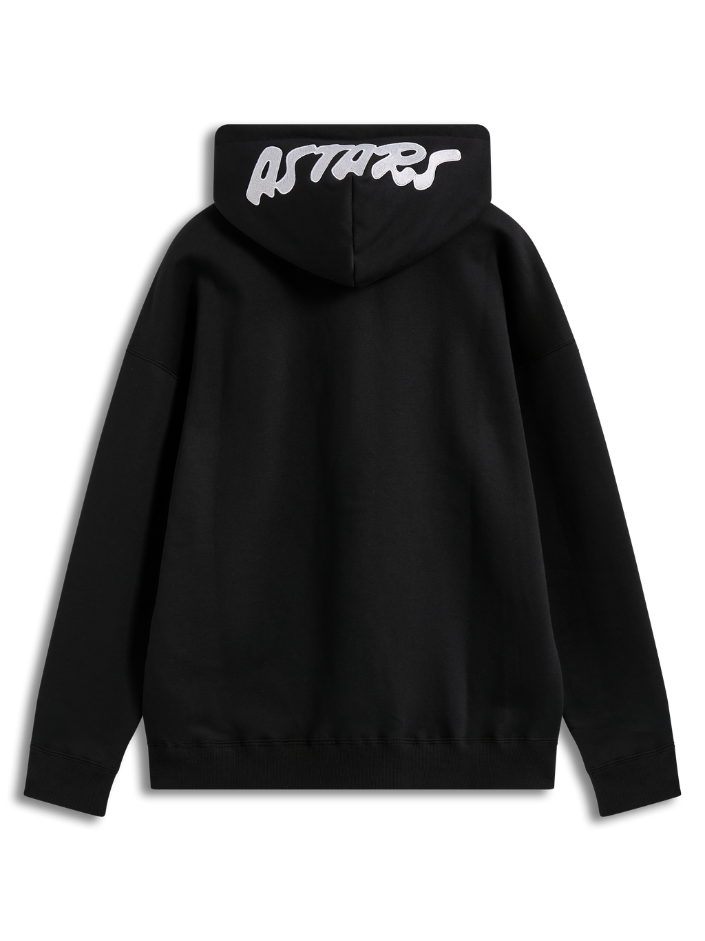 Alpinestars Pioneer Oversized Hoodie, schwarze Fleecejacke mit weißem Astars-Sticklogo auf der Kapuze, Rückansicht.