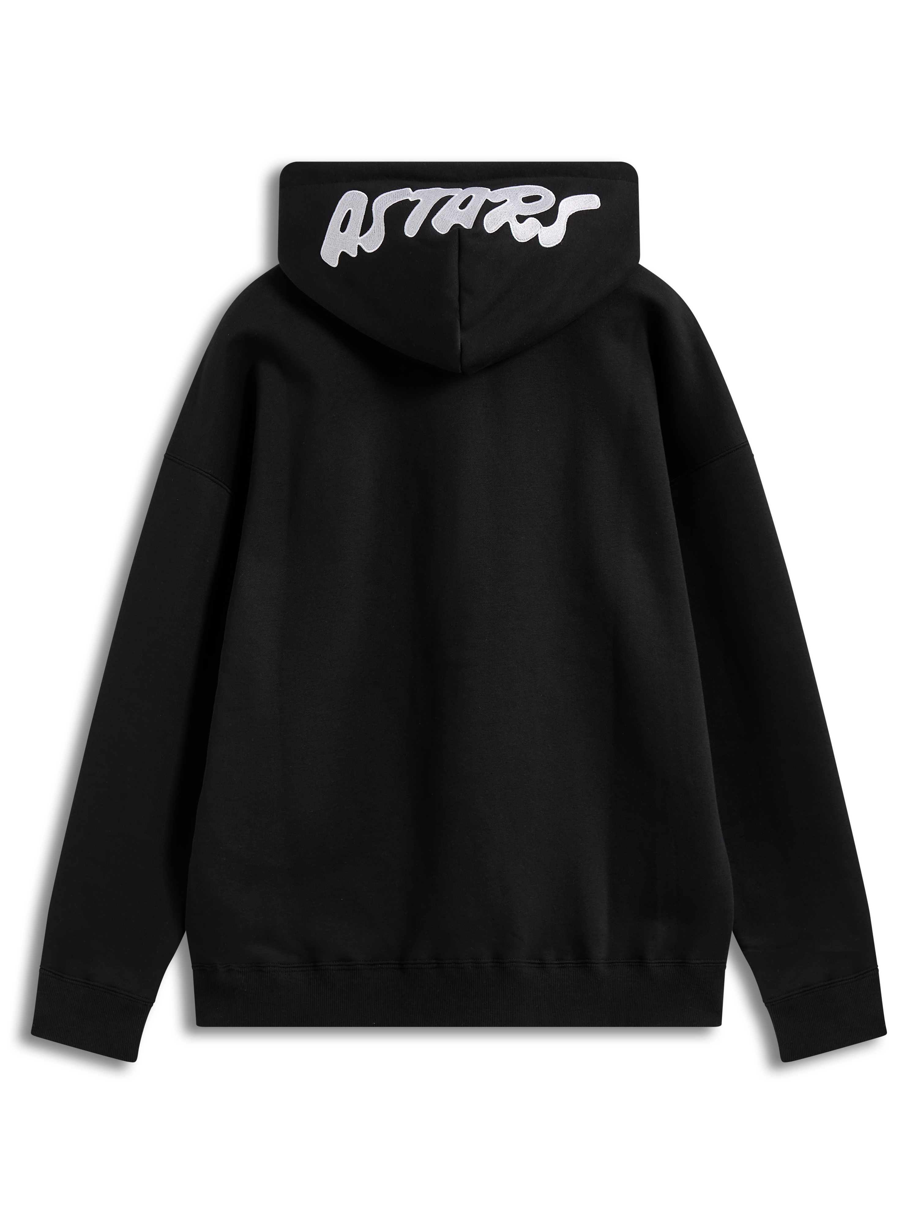 Alpinestars Pioneer Oversized Hoodie, schwarze Fleecejacke mit weißem Astars-Sticklogo auf der Kapuze, Rückansicht.
