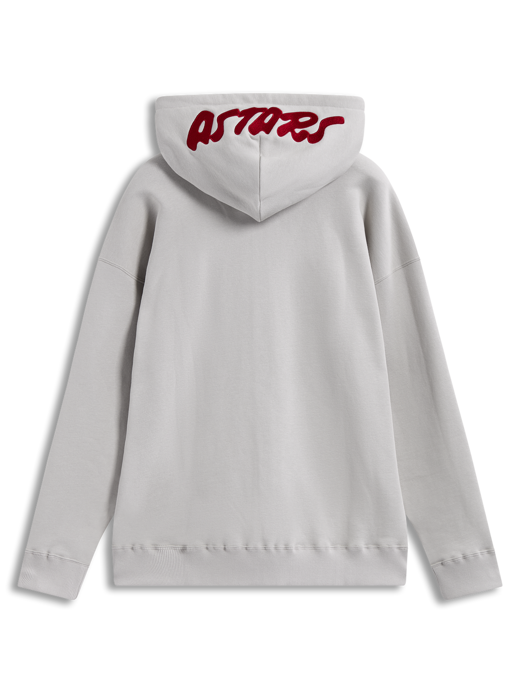 Alpinestars Pioneer Oversized Hoodie, Fleece-Kapuzenpullover in Grau, rote Astars-Logo-Stickerei auf der Kapuze, Rückansicht.