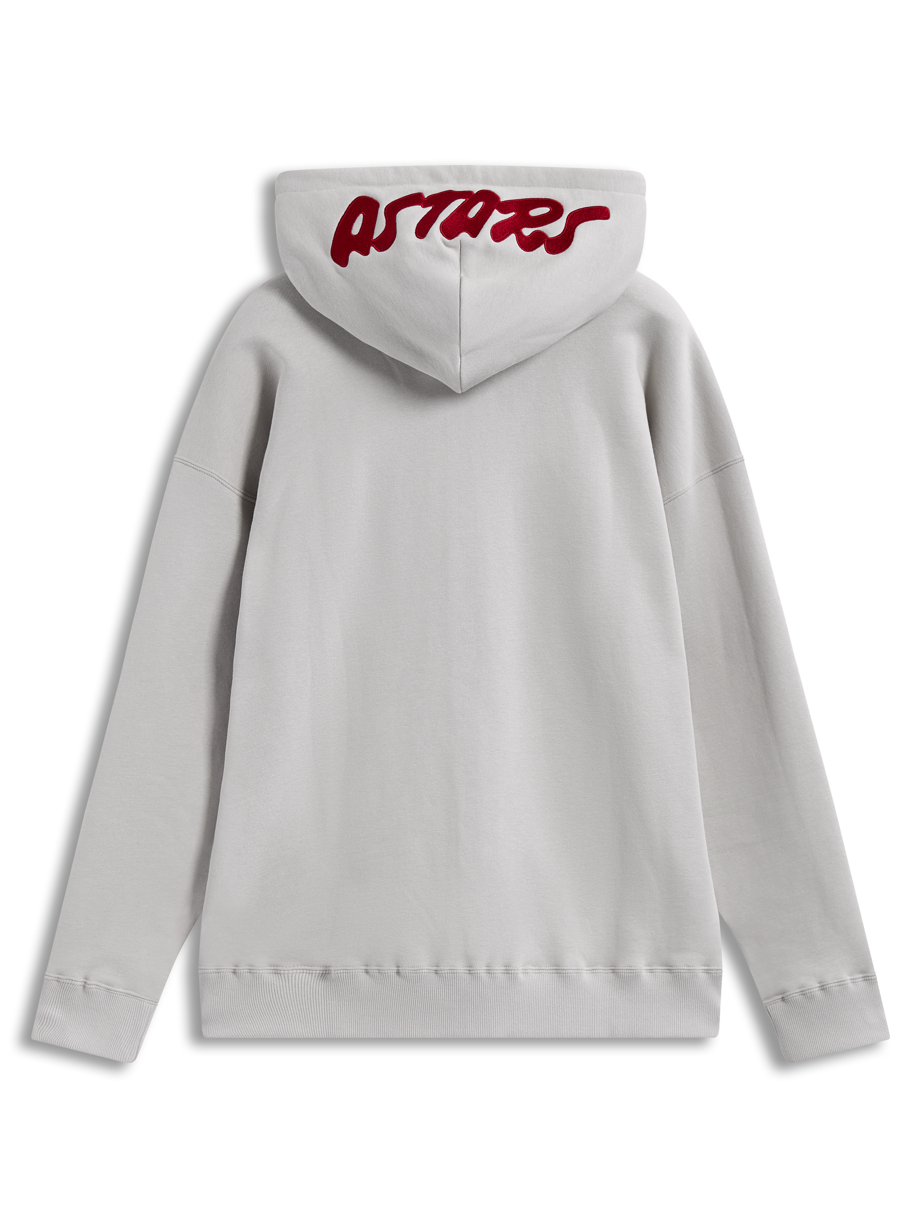 Alpinestars Pioneer Oversized Hoodie, Fleece-Kapuzenpullover in Grau, rote Astars-Logo-Stickerei auf der Kapuze, Rückansicht.