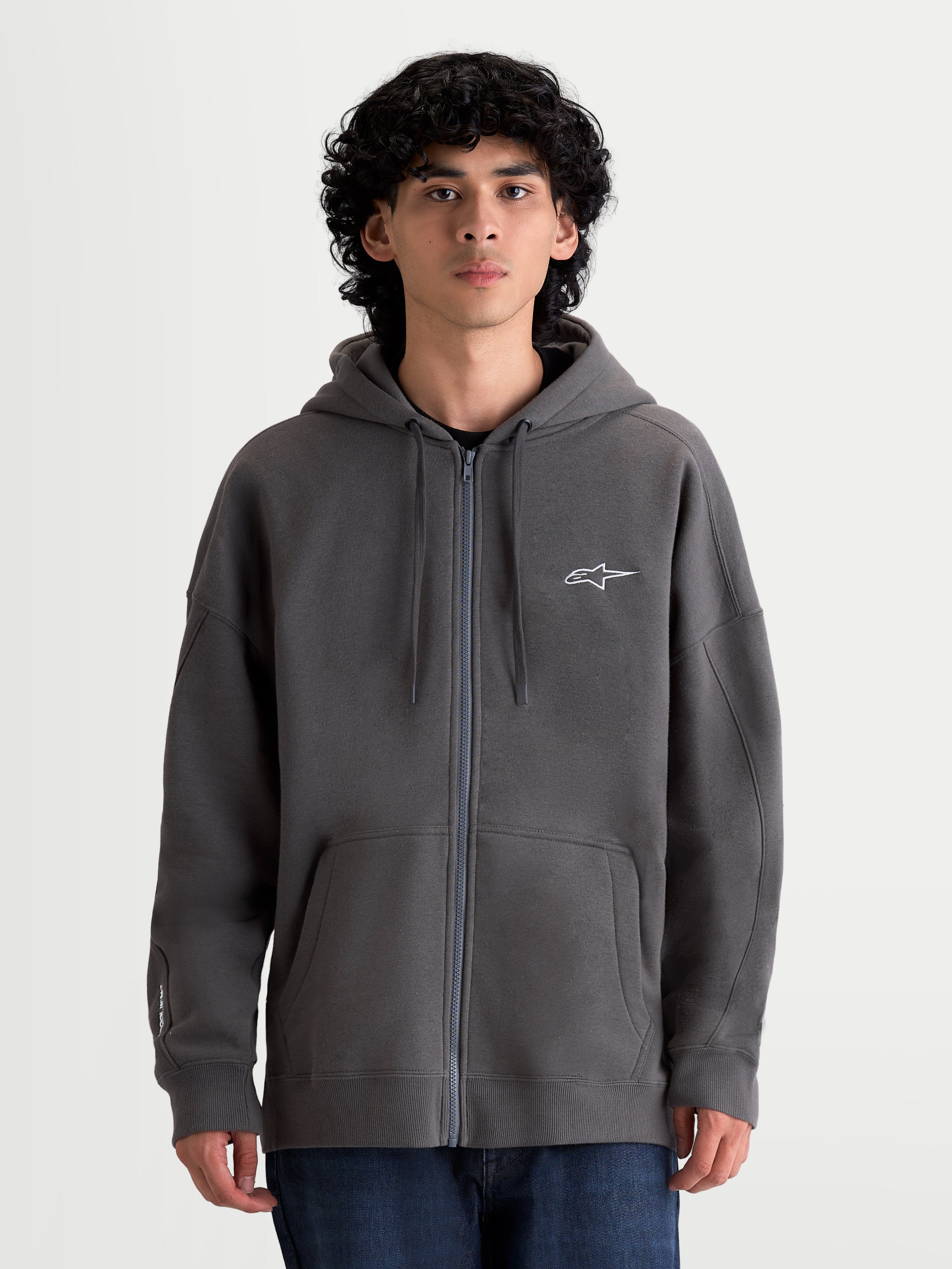 Alpinestars Entity Oversized Hoodie, Sportswear Zip Fleece Hoodie, Unisex, Charcoal Gray, Cotton and Recycled Polyester blend, featuring Vislon zipper and embroidered logo details. On-model front view.
