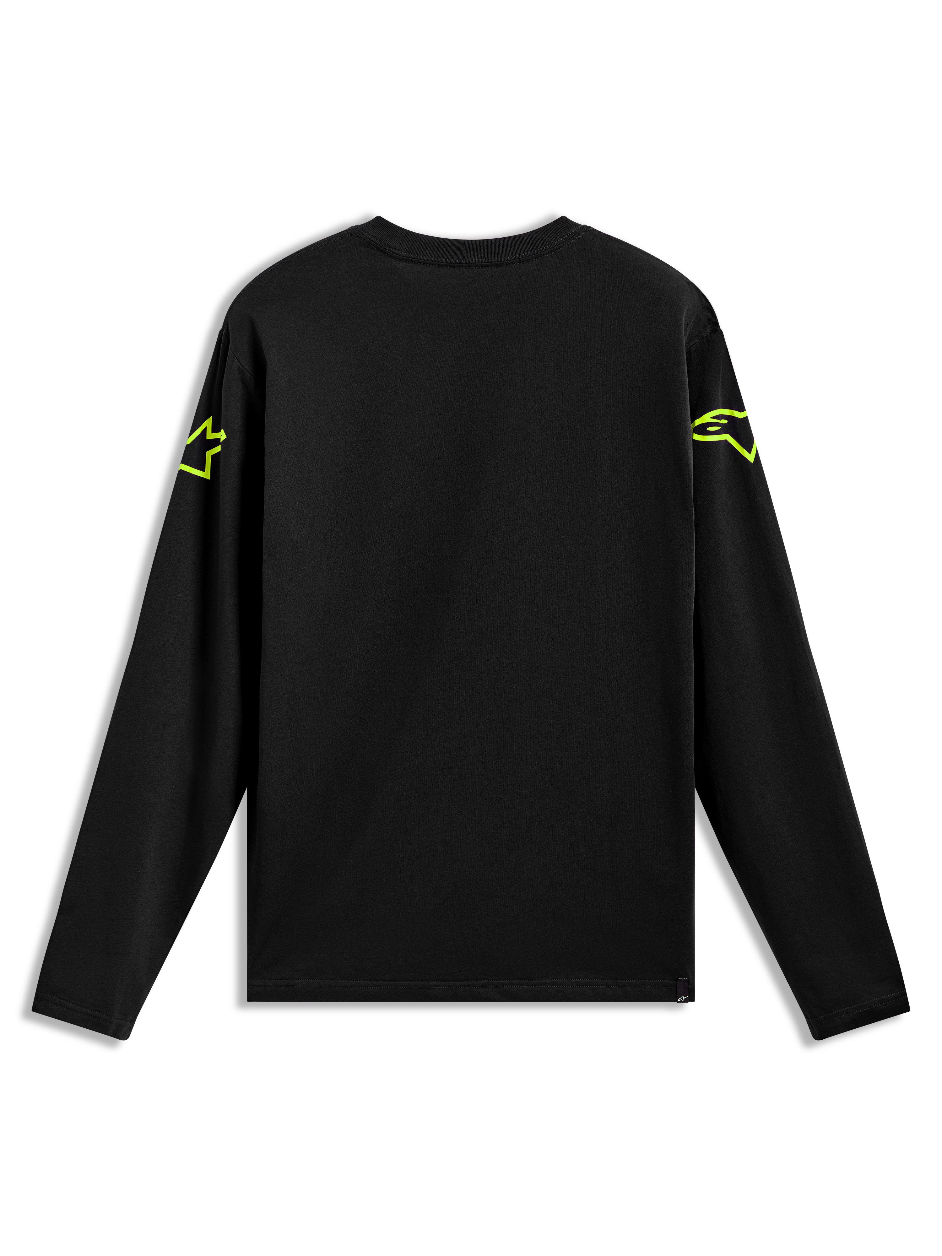 Alpinestars Velocifier CSF Langarm T-Shirt in Schwarz, Rückansicht mit neongelben Astars-Logos an den Schultern.