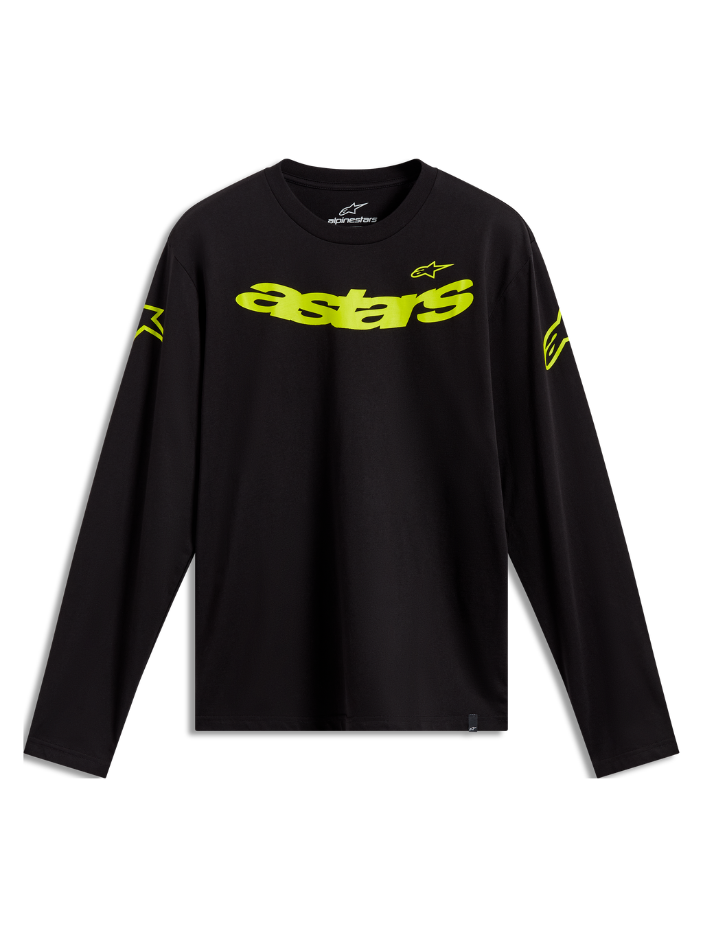 Alpinestars Velocifier CSF Langarm T-Shirt, Schwarz mit neongelben Astars-Logos auf Front und Schultern.