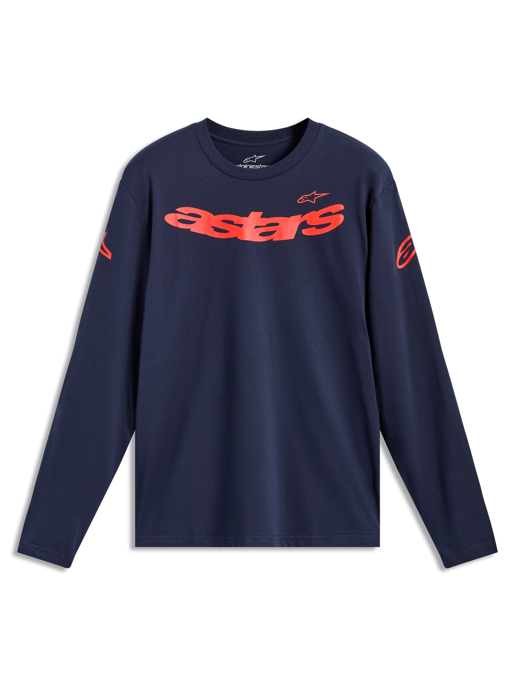 Alpinestars Velocifier CSF Tee - Lange Ärmel, Langarm-T-Shirt in Navy-Blau und Rot mit gebogenem Astars-Schriftzug und Schulterlogos, Motorsport-Sportswear