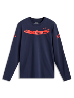 Alpinestars Velocifier CSF Tee - Lange Ärmel, Langarm-T-Shirt in Navy-Blau und Rot mit gebogenem Astars-Schriftzug und Schulterlogos, Motorsport-Sportswear