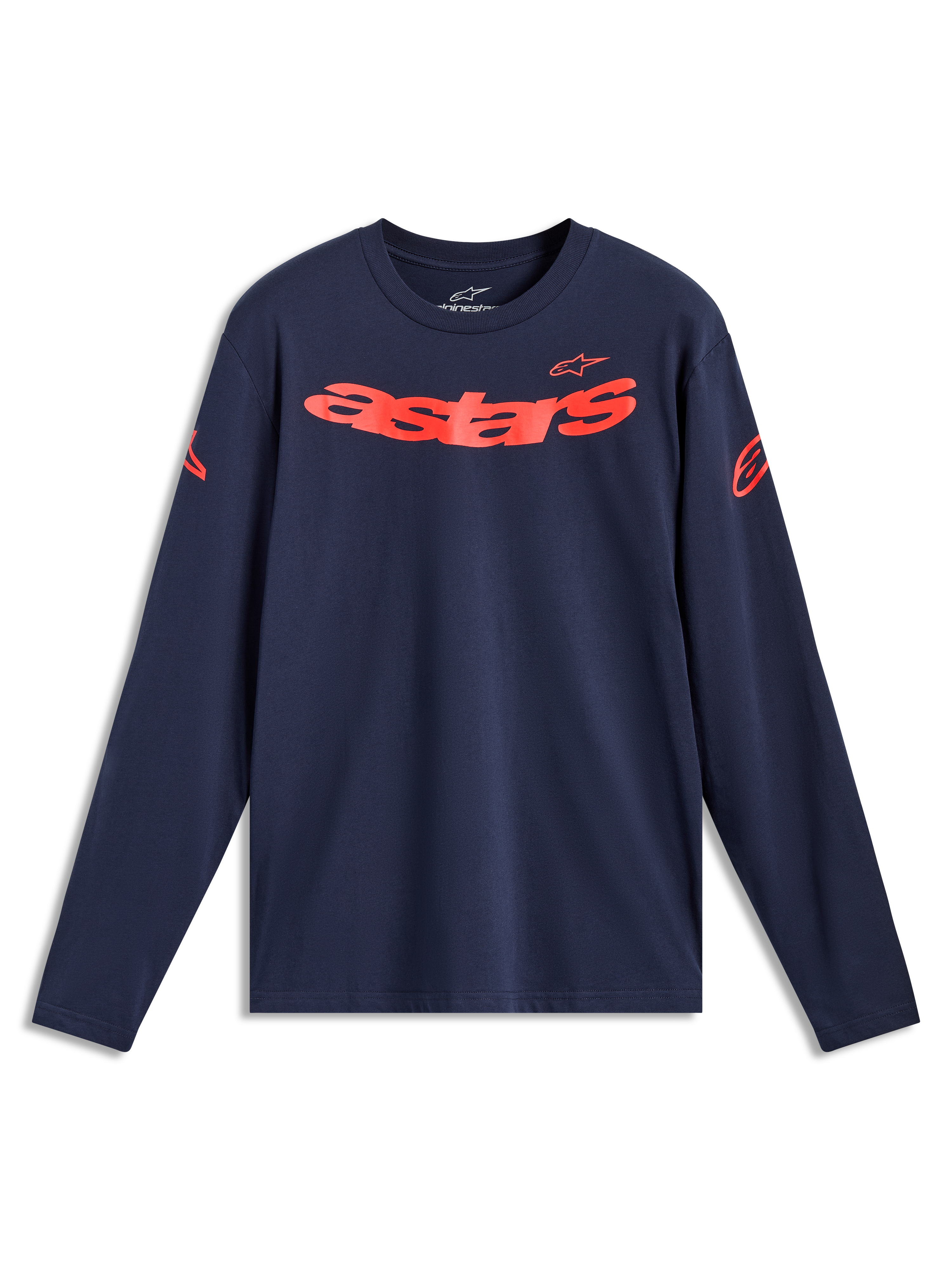 Alpinestars Velocifier CSF Tee - Lange Ärmel, Langarm-T-Shirt in Navy-Blau und Rot mit gebogenem Astars-Schriftzug und Schulterlogos, Motorsport-Sportswear