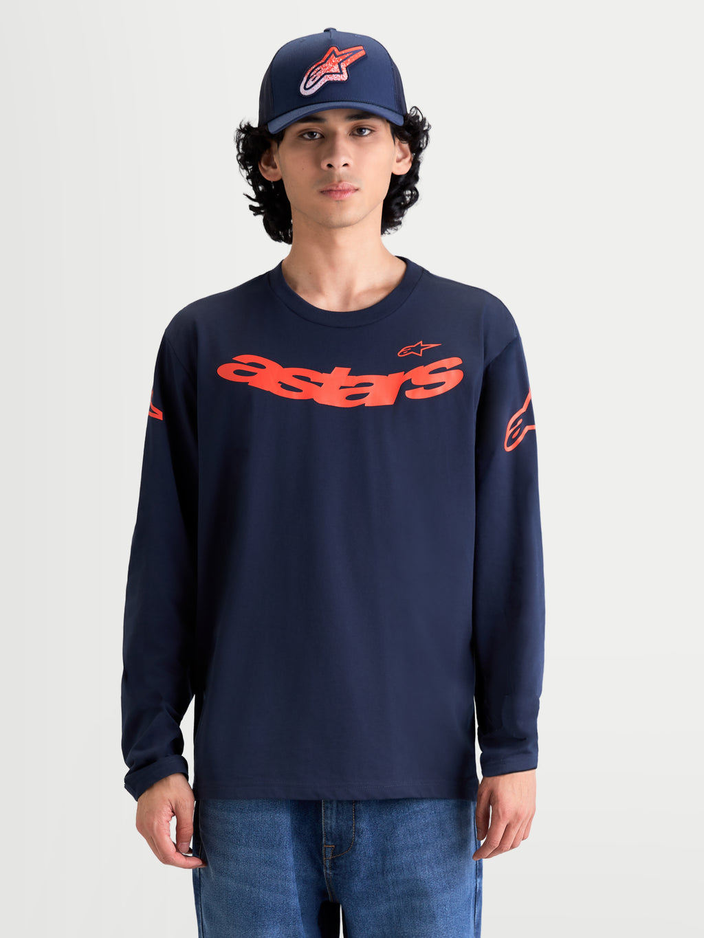 Alpinestars Velocifier CSF T-Shirt, Langarm-T-Shirt für Herren und Damen, Navyblau und Orange, gebogene Astars-Frontgrafik, Schulterlogos, Rippbündchen, Premium-Baumwollmischung, Sportswear.