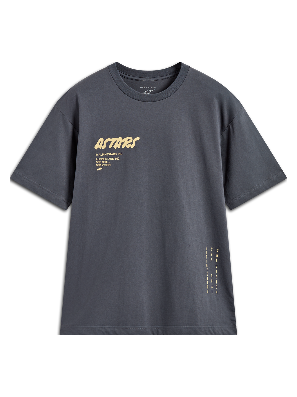 Alpinestars Chalk Oversized CSF T-Shirt, Anthrazitgrau, gelbes Astars-Logo, vertikales Seitenbranding, Kurzarm-T-Shirt.