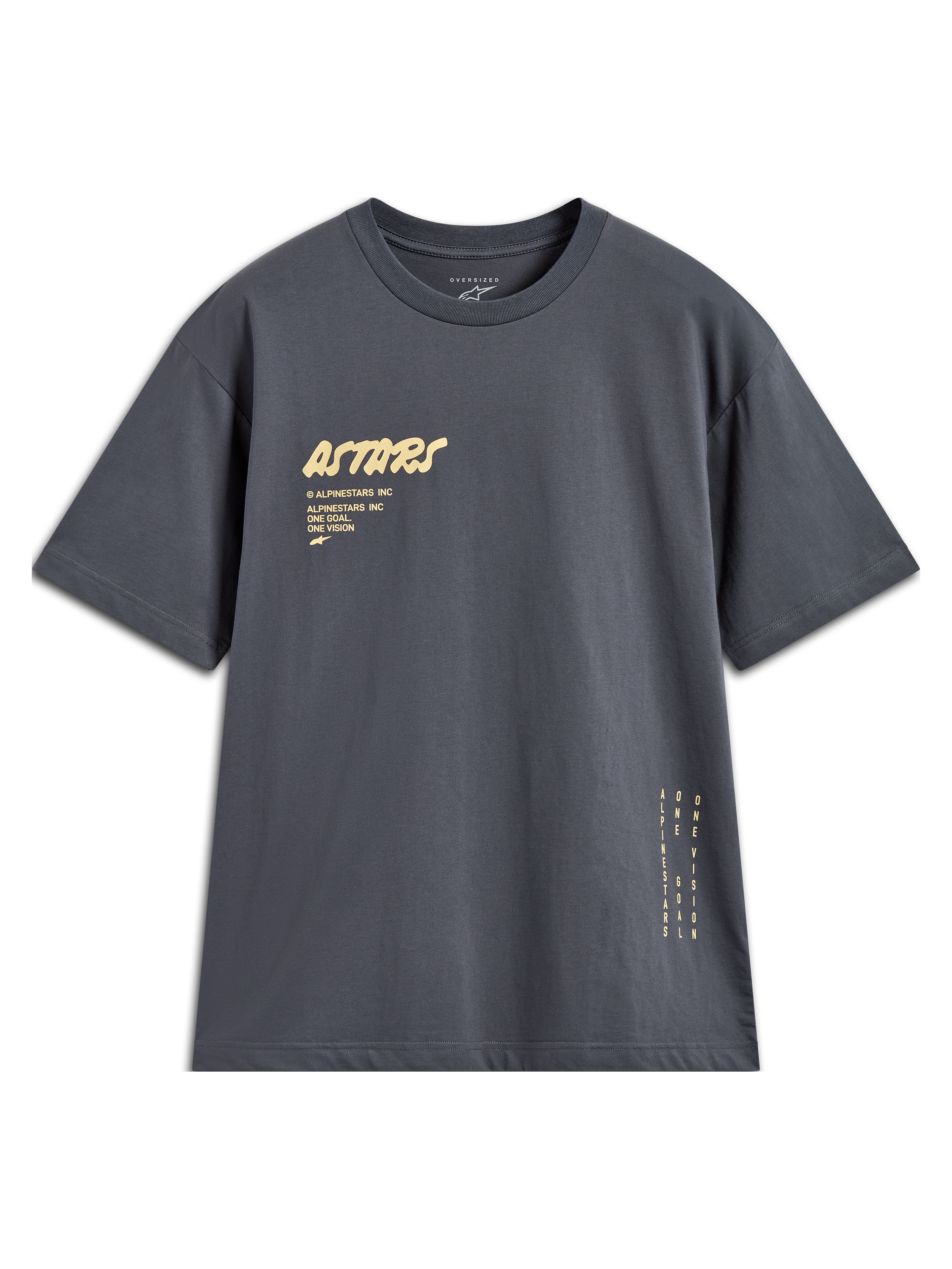Alpinestars Chalk Oversized CSF T-Shirt, Anthrazitgrau, gelbes Astars-Logo, vertikales Seitenbranding, Kurzarm-T-Shirt.
