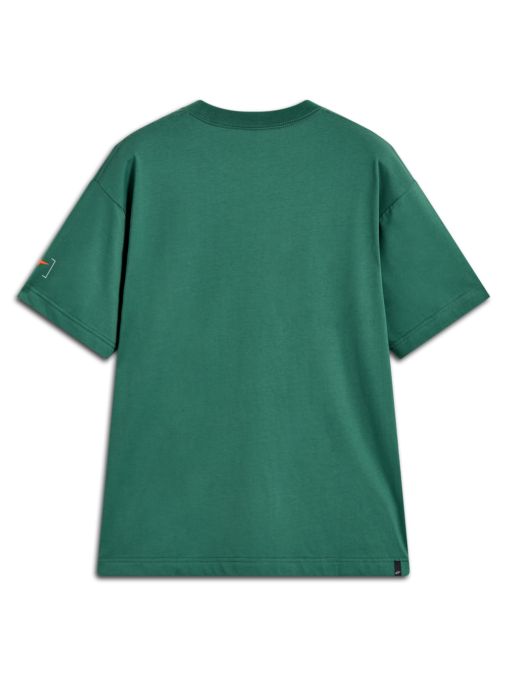 Alpinestars Infinity Oversized CSF T-Shirt in Grün, Rückansicht, Kurzarm-T-Shirt mit orangefarbener Grafik am Ärmel.