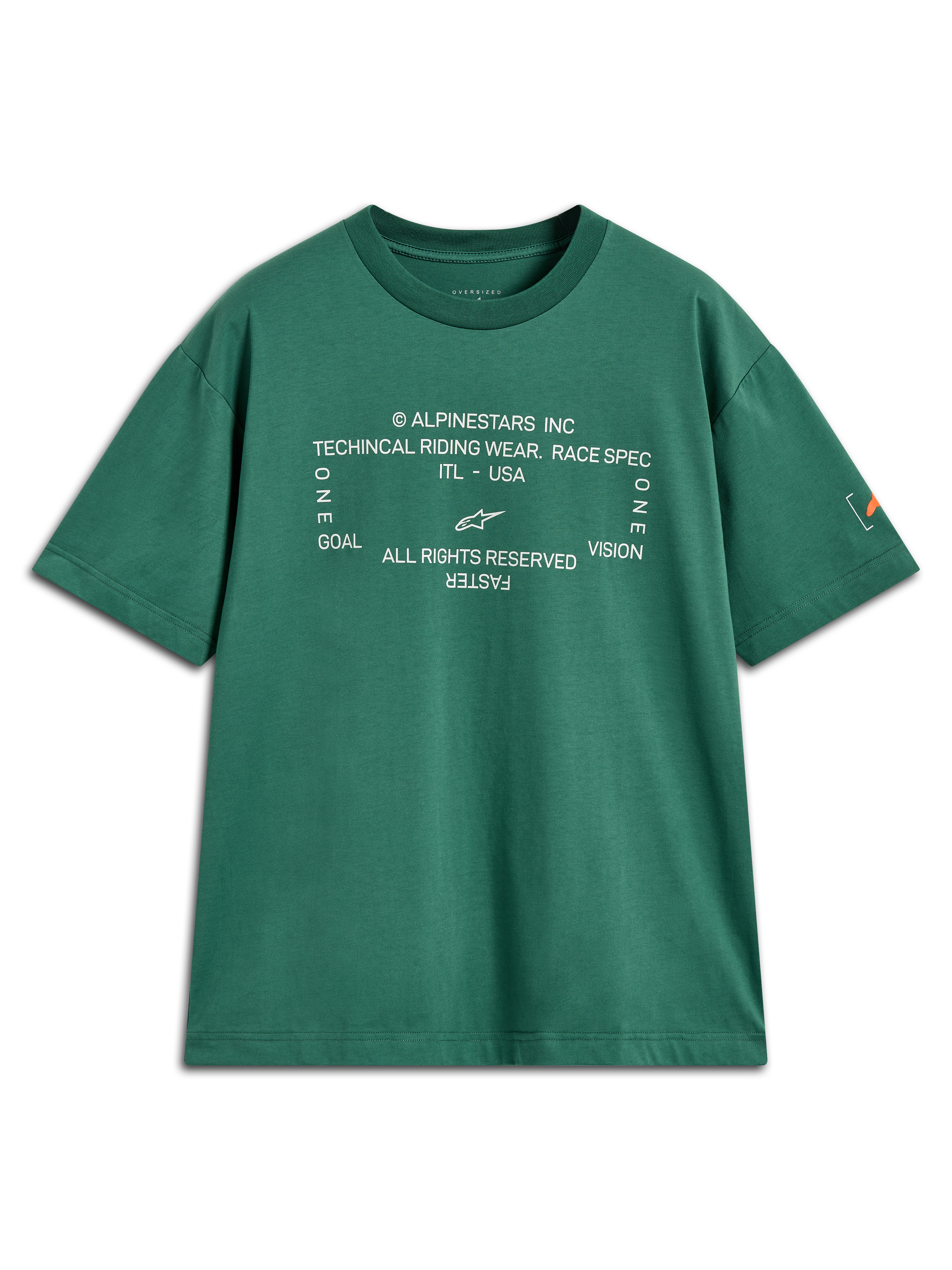 Alpinestars Infinity Oversized CSF T-Shirt, Kurzarm-Sportoberteil in Grün mit weißer Grafik und Astars-Ärmellogo.