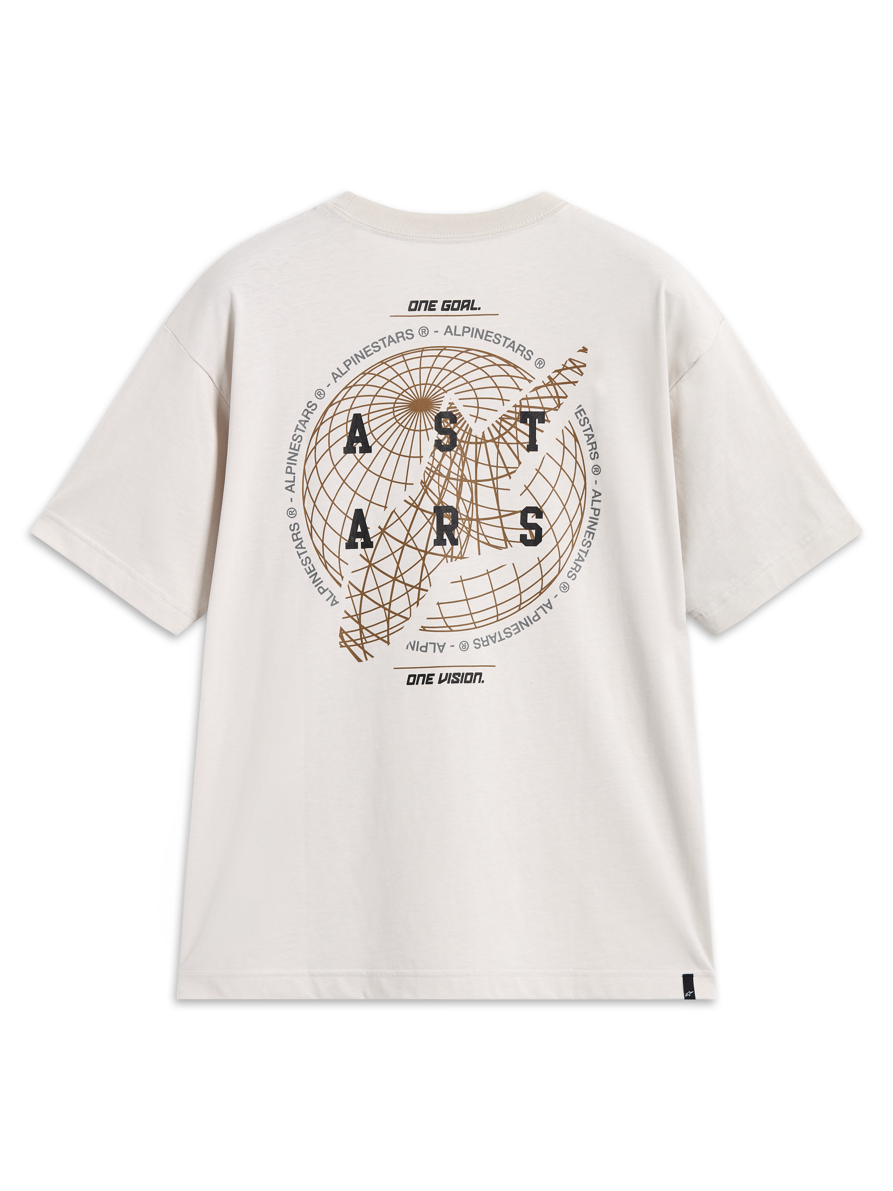 Alpinestars Latitude Oversized CSF T-Shirt, Kurzarm-T-Shirt in Zementbeige, Rückseite mit Globus-Grafik und Astars-Logo, lässige Motorsport-Sportswear