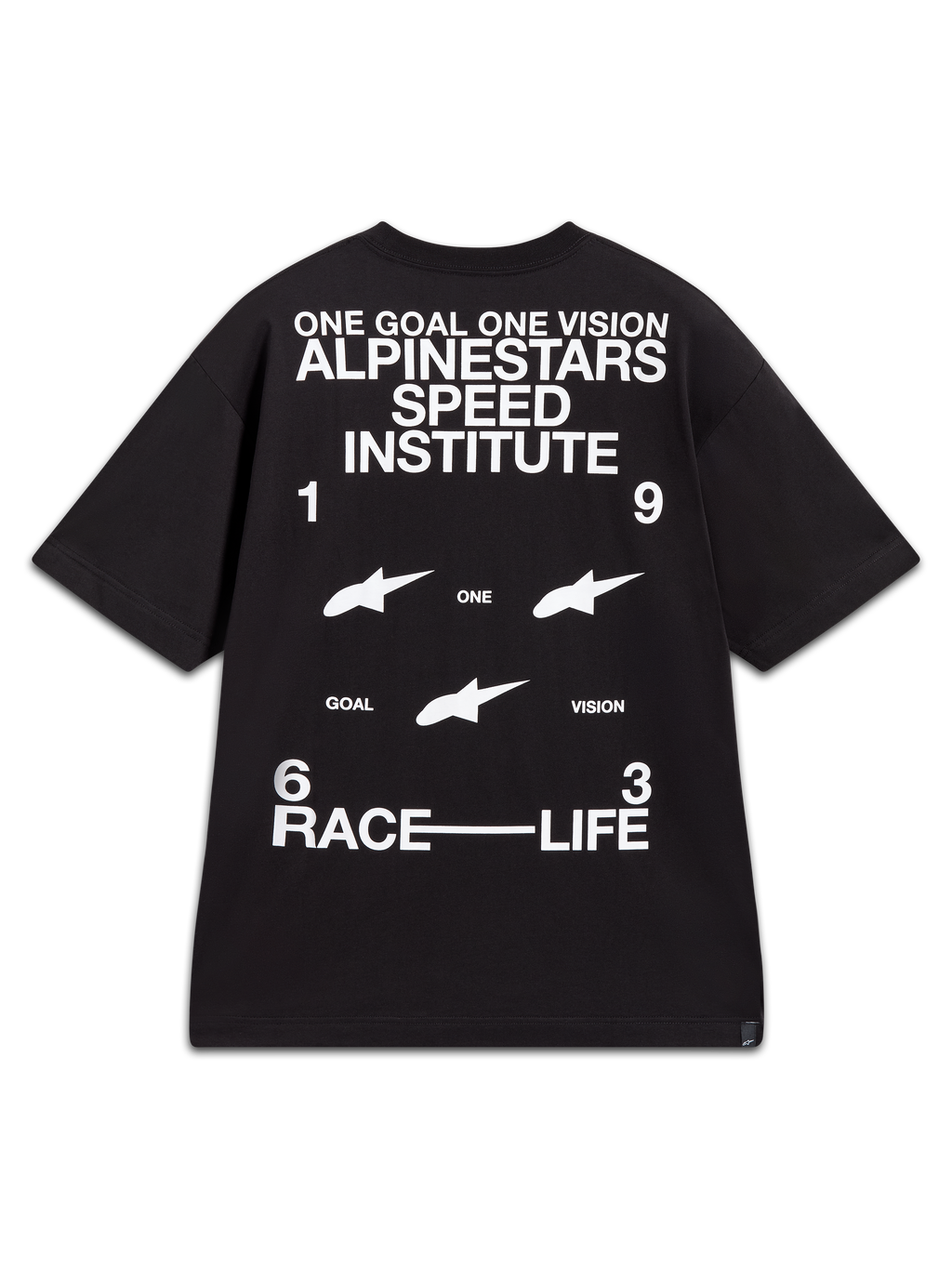 Alpinestars Institute Oversized CSF T-Shirt, Schwarz und Weiß, Rückseite mit Speed-Institute-Grafiken und Rennsport-Slogans