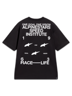 Alpinestars Institute Oversized CSF T-Shirt, Schwarz und Weiß, Rückseite mit Speed-Institute-Grafiken und Rennsport-Slogans