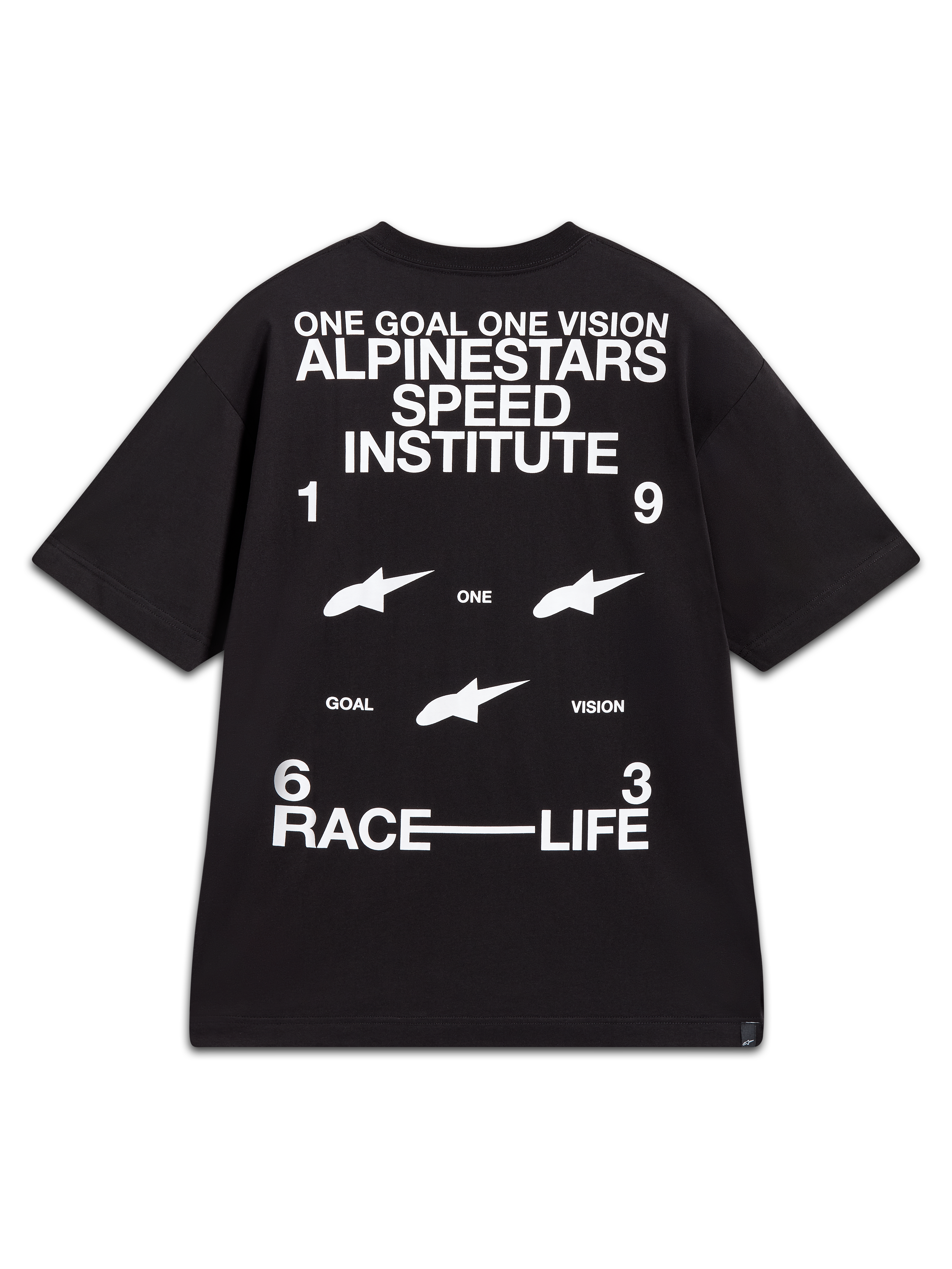 Alpinestars Institute Oversized CSF T-Shirt, Schwarz und Weiß, Rückseite mit Speed-Institute-Grafiken und Rennsport-Slogans