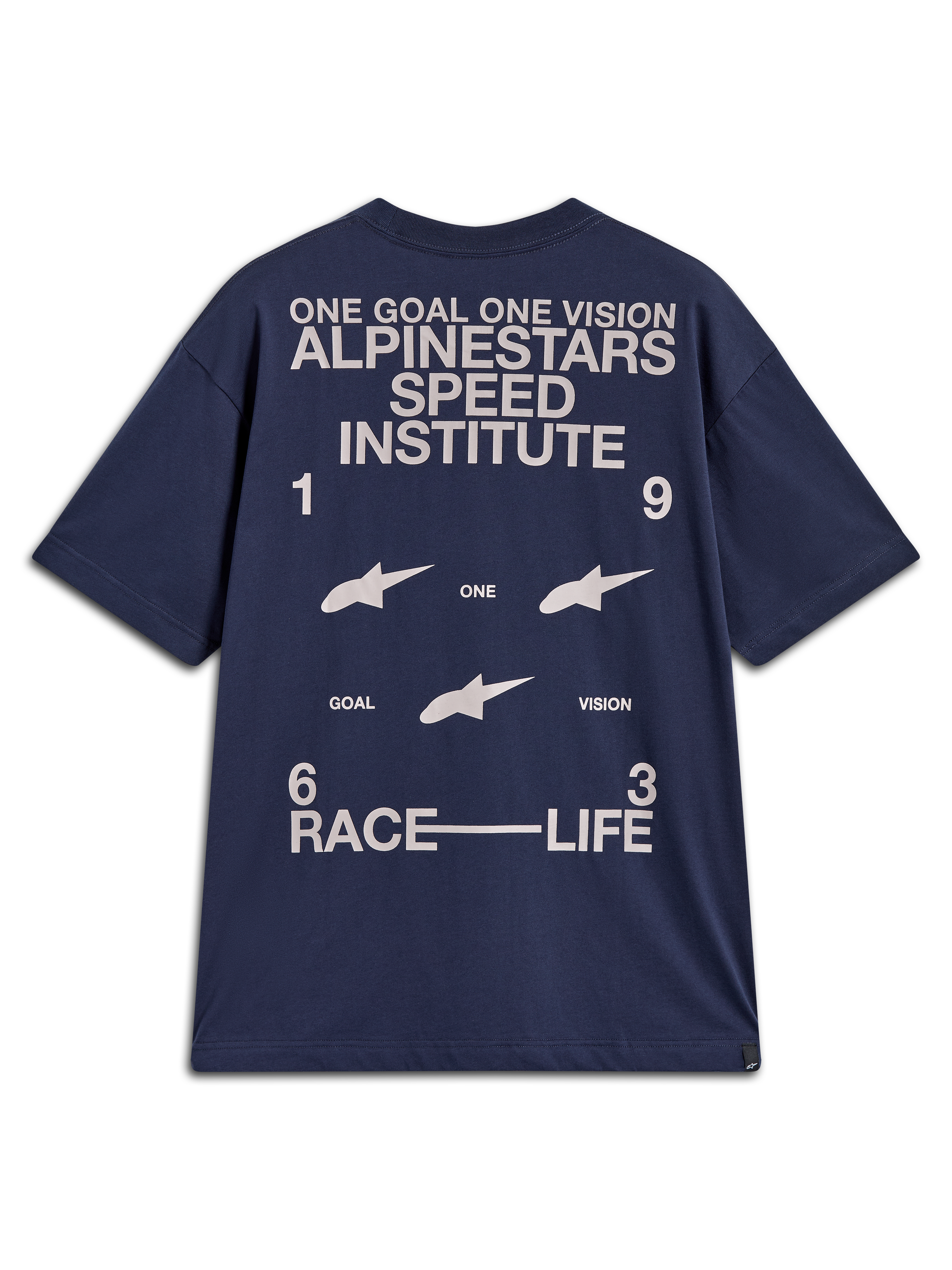 Alpinestars Institute Oversized SS CSF T-Shirt, Kurzarm-T-Shirt in Marineblau mit großer weißer Rennsport-Grafik auf dem Rücken, lässiger Oversized-Schnitt, Motorsport-Streetwear