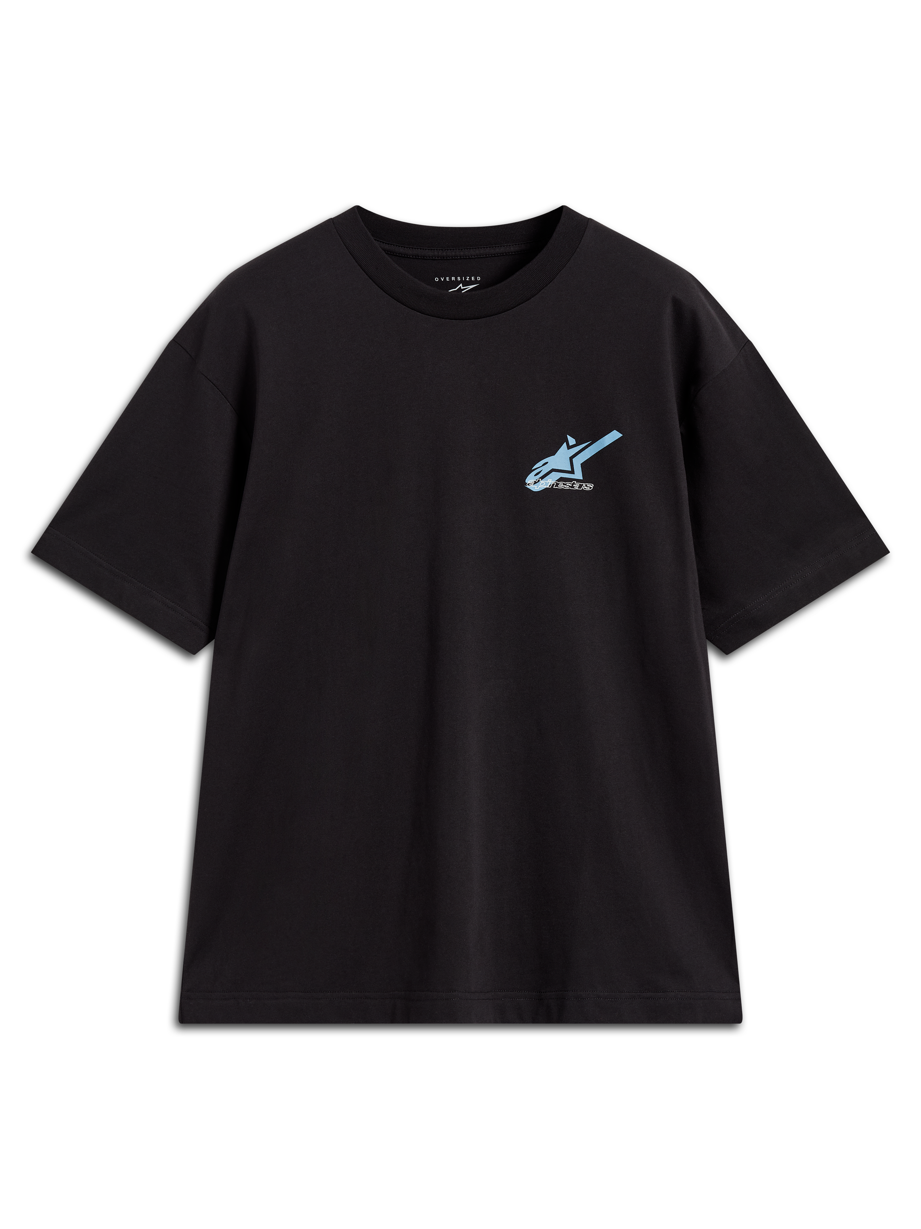Alpinestars Ghost Oversized CSF T-Shirt, Kurzarm-Sportshirt in Schwarz mit hellblauem Frontlogo, lässige Oversized-Passform.