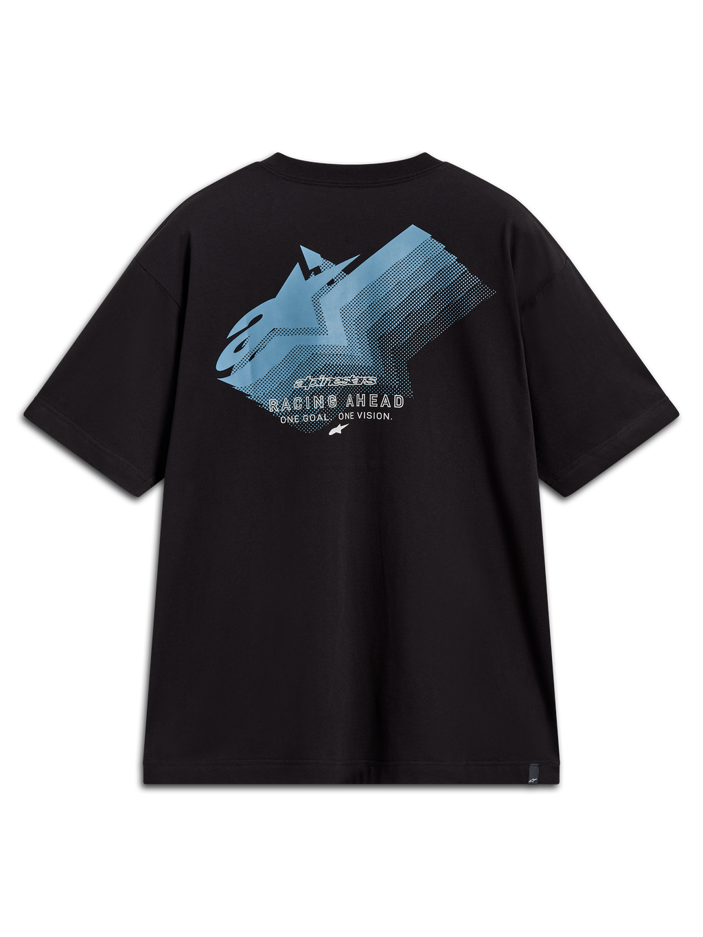 Alpinestars Ghost Oversized CSF T-Shirt, Schwarz, Kurzarm mit blauer Logo-Grafik auf dem Rücken und Racing Ahead Schriftzug.