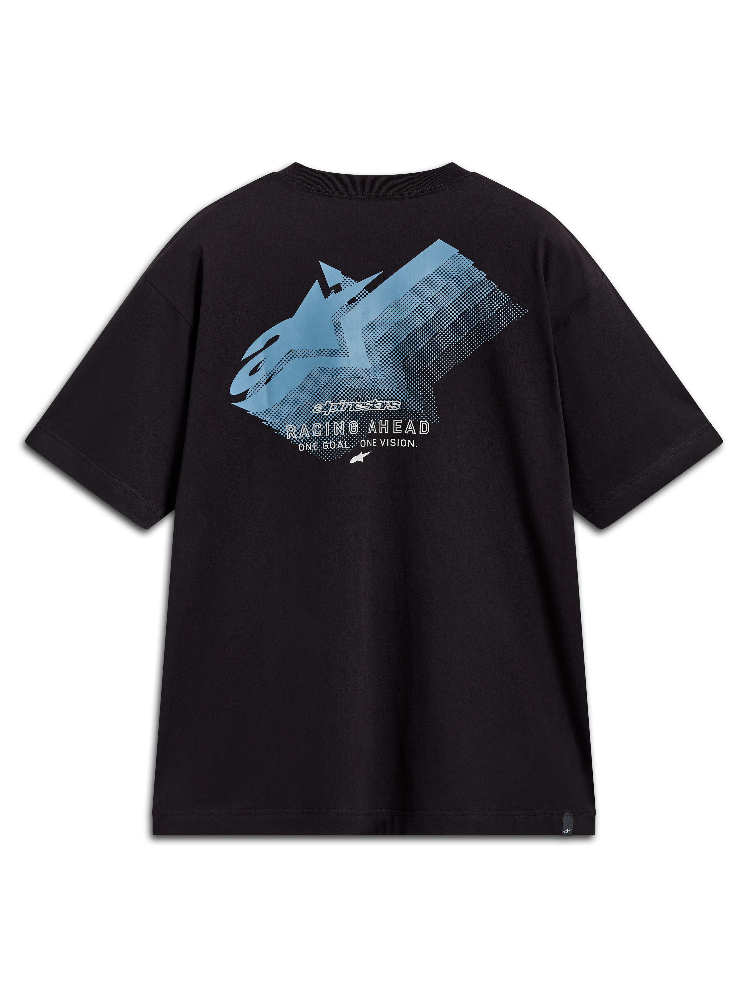 Alpinestars Ghost Oversized CSF T-Shirt, Schwarz, Kurzarm mit blauer Logo-Grafik auf dem Rücken und Racing Ahead Schriftzug.