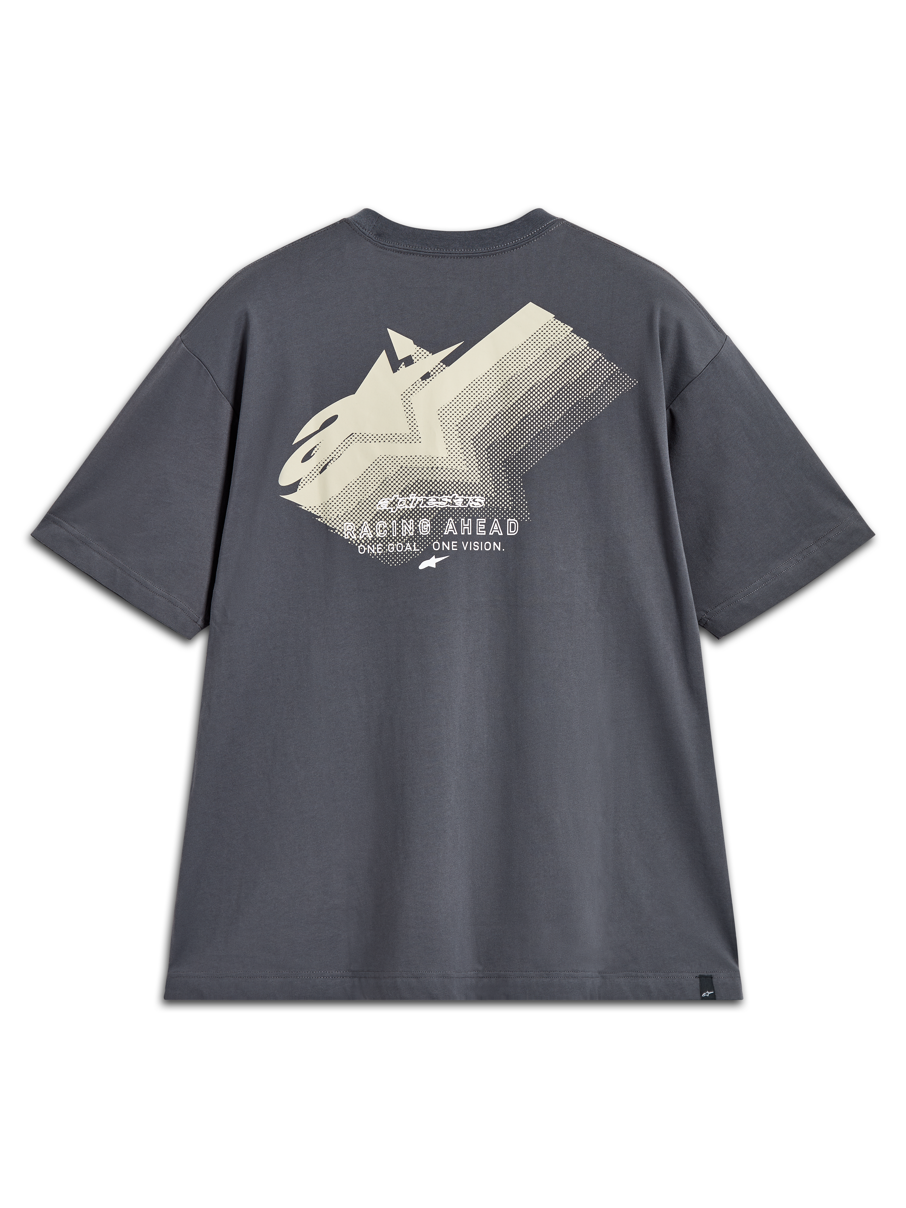 Alpinestars Ghost Oversized CSF T-Shirt, Rückansicht, Anthrazitgrau, cremeweiße Logo-Verlaufsgrafik und Racing Ahead Text.