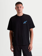 Alpinestars Ghost Oversized CSF T-Shirt, Kurzarm-Sportswear-T-Shirt für Herren, Schwarz mit blauem Astars-Logo auf der Brust, entspannte Oversized-Silhouette, weiche Baumwoll-Polyester-Mischung, lässiger Lifestyle-Look.