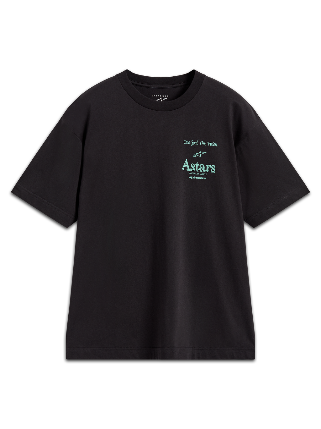 Alpinestars Post Oversized CSF T-Shirt, schwarzes Kurzarm-T-Shirt aus Baumwollmischung mit türkisfarbenem Astars-Logo und Slogan.