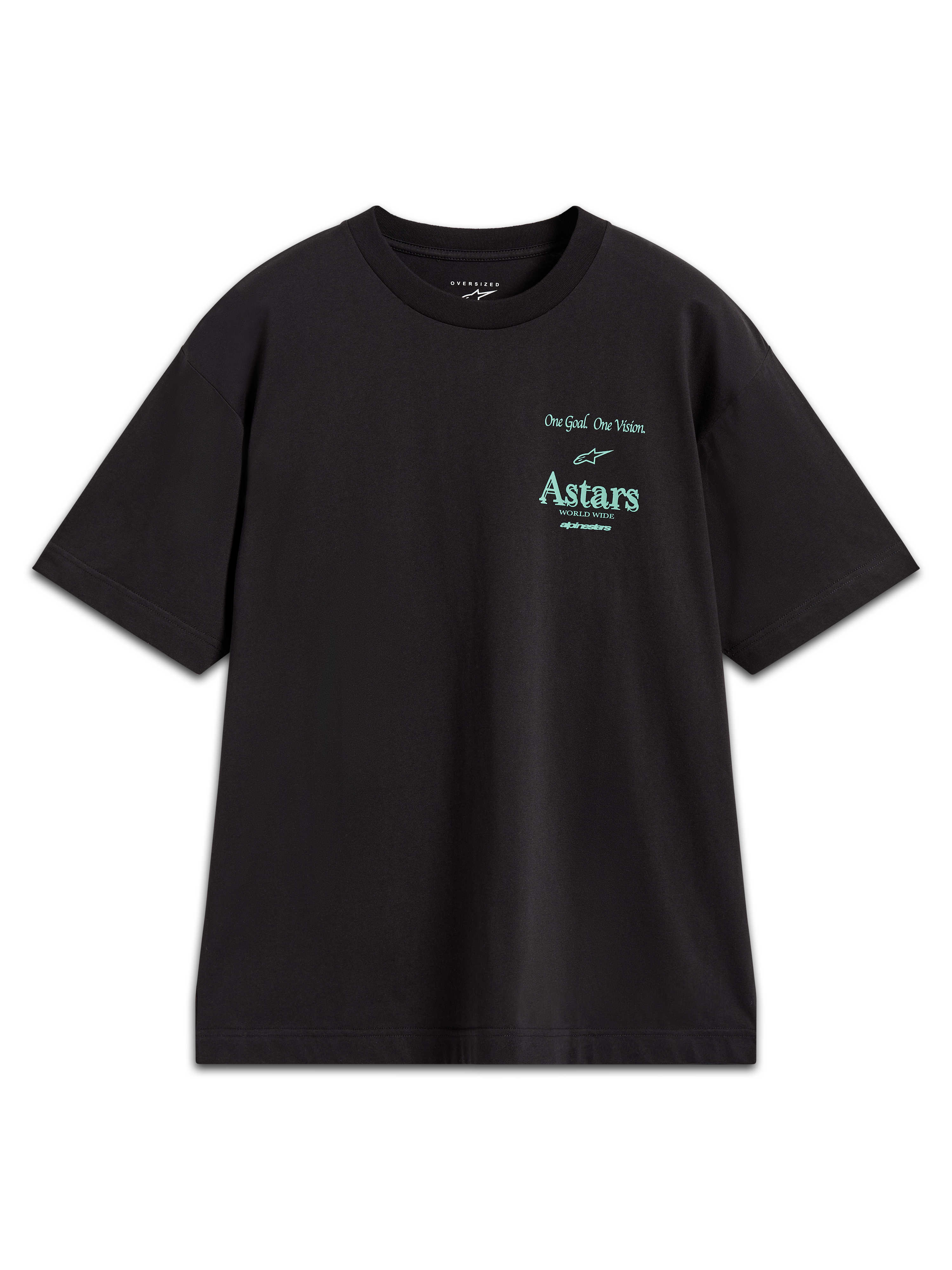 Alpinestars Post Oversized CSF T-Shirt, schwarzes Kurzarm-T-Shirt aus Baumwollmischung mit türkisfarbenem Astars-Logo und Slogan.