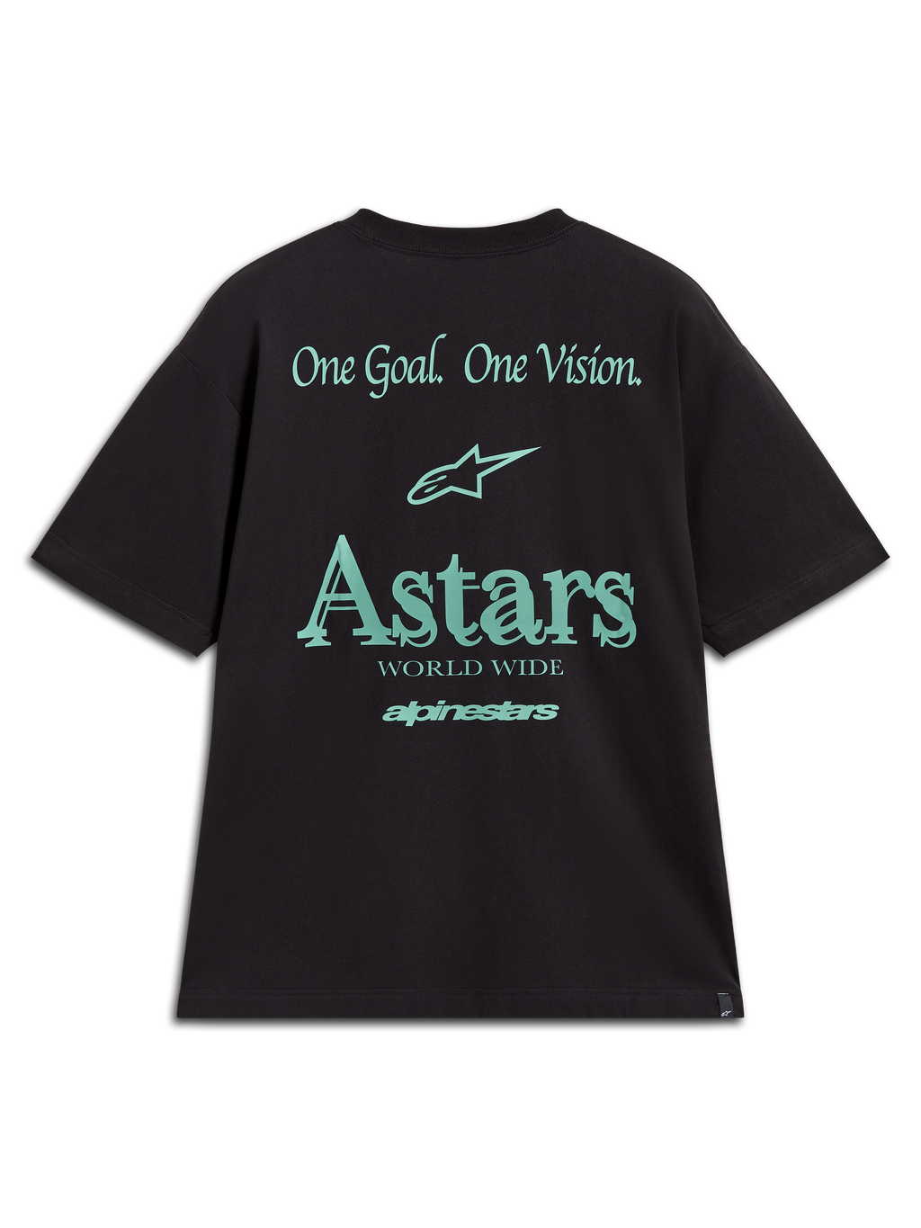 Alpinestars Post Oversized CSF T-Shirt, Rückansicht eines kurzärmeligen Sportswear-Shirts in Schwarz und Türkis, mit 'One Goal One Vision' Motto und Astars-Grafiken, lässige Motorsport-Streetwear