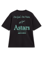 Alpinestars Post Oversized CSF T-Shirt, Rückansicht eines kurzärmeligen Sportswear-Shirts in Schwarz und Türkis, mit 'One Goal One Vision' Motto und Astars-Grafiken, lässige Motorsport-Streetwear