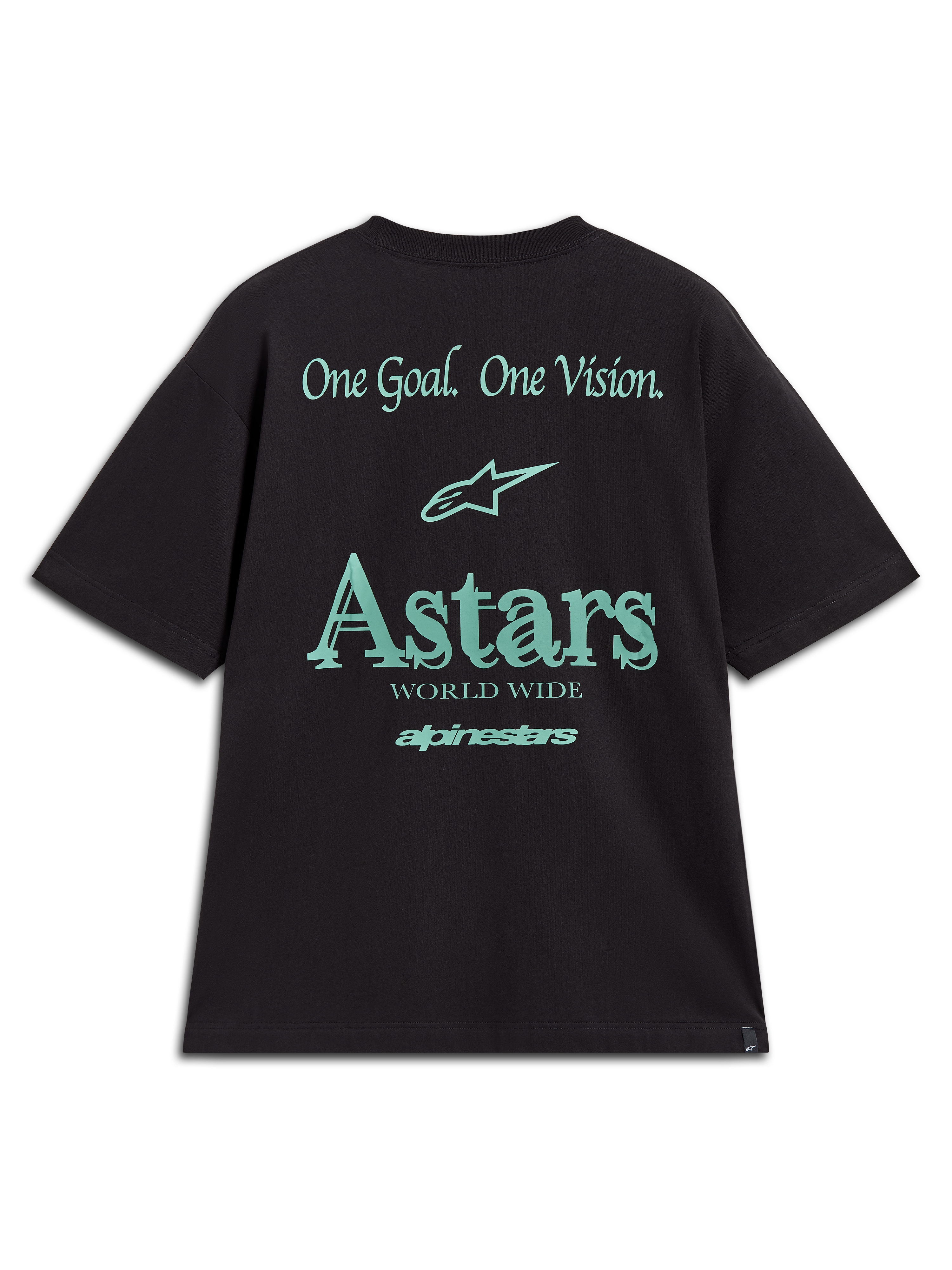Alpinestars Post Oversized CSF T-Shirt, Rückansicht eines kurzärmeligen Sportswear-Shirts in Schwarz und Türkis, mit 'One Goal One Vision' Motto und Astars-Grafiken, lässige Motorsport-Streetwear
