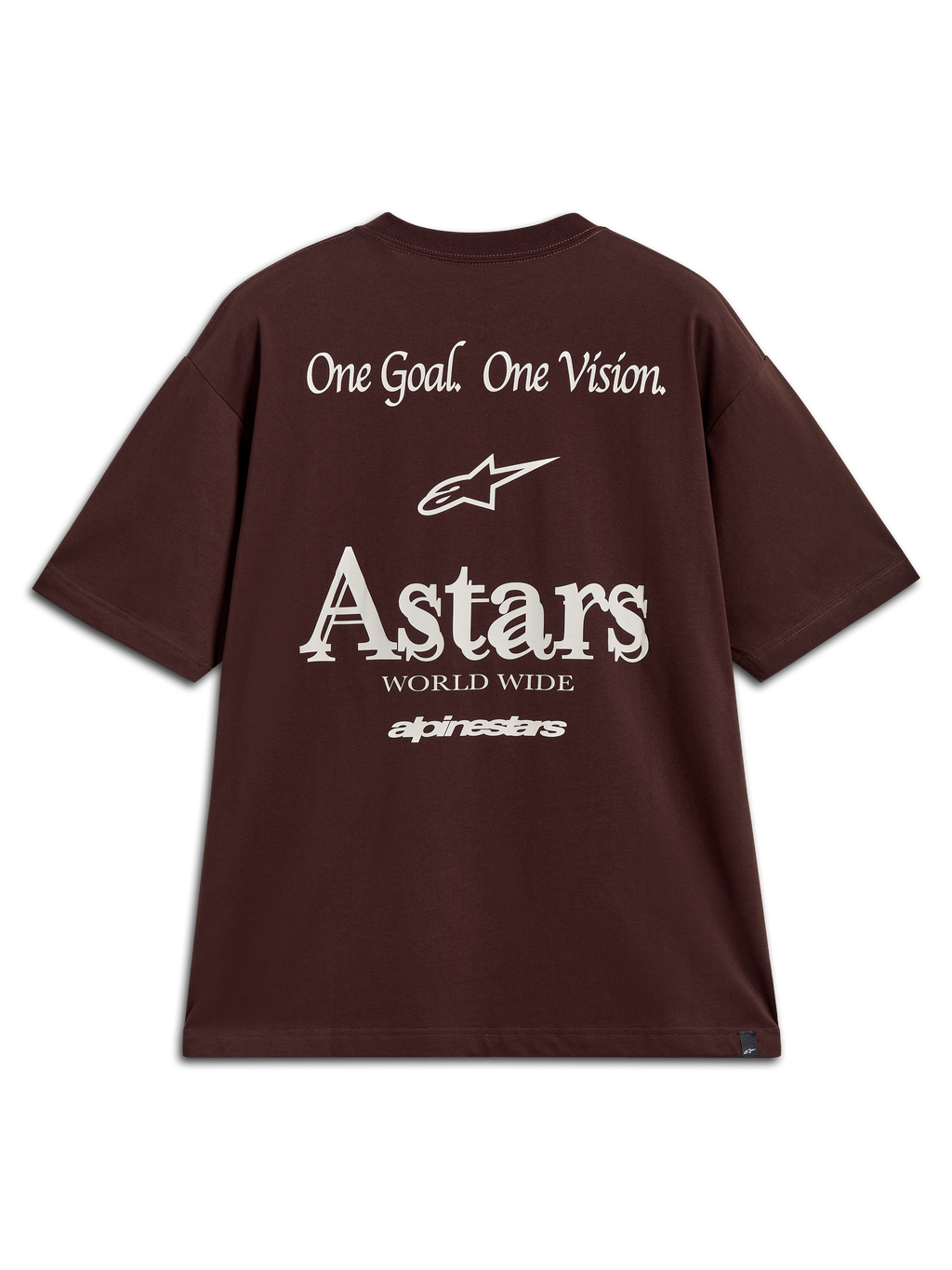 Alpinestars Post Oversized CSF Tee, Kurzarm-T-Shirt, Dunkelbraun, weißes Astars-Logo und One Goal One Vision-Rückengrafik.