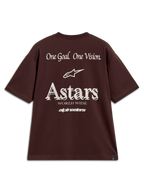 Alpinestars Post Oversized CSF Tee, Kurzarm-T-Shirt, Dunkelbraun, weißes Astars-Logo und One Goal One Vision-Rückengrafik.