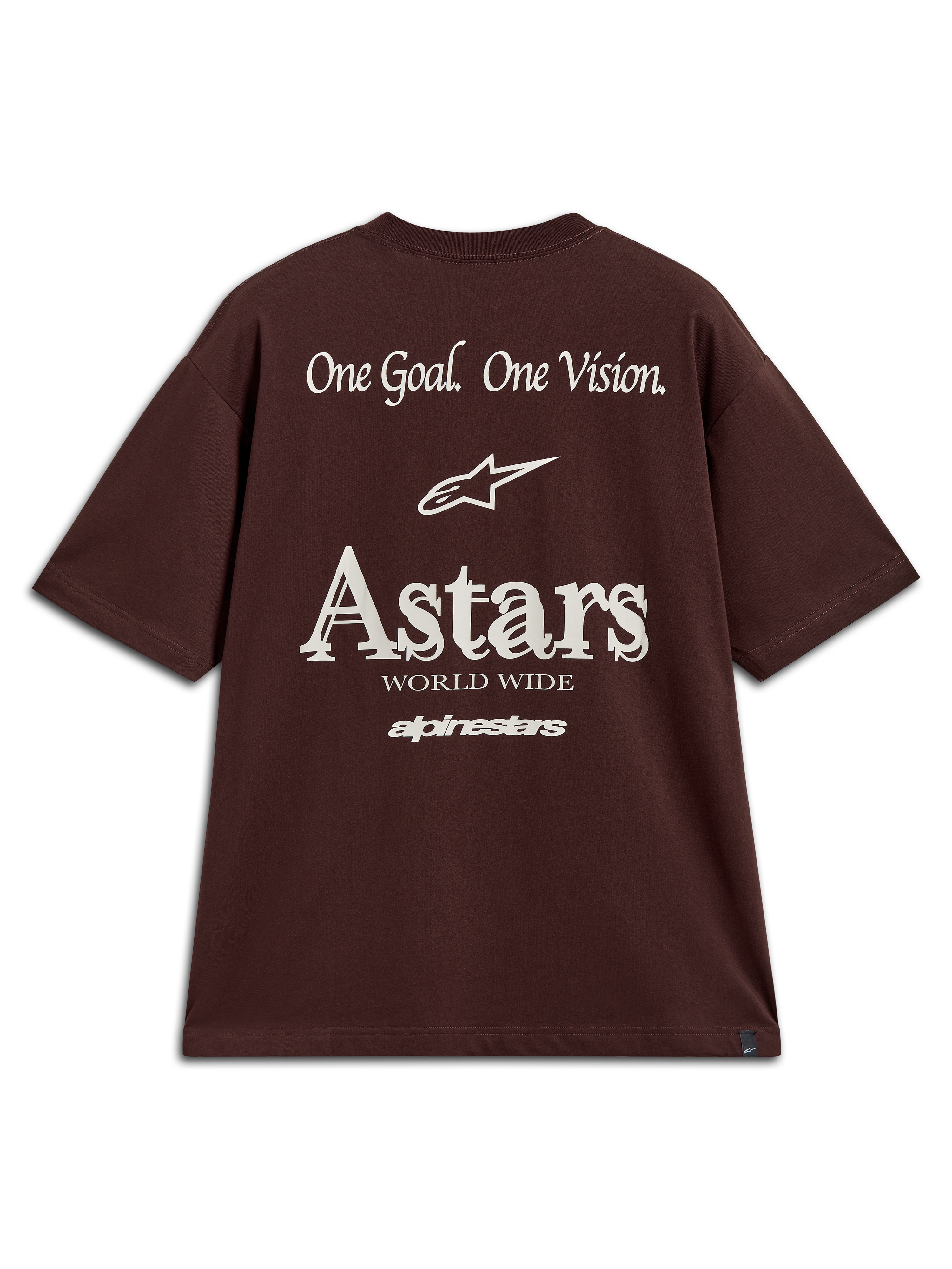 Alpinestars Post Oversized CSF Tee, Kurzarm-T-Shirt, Dunkelbraun, weißes Astars-Logo und One Goal One Vision-Rückengrafik.