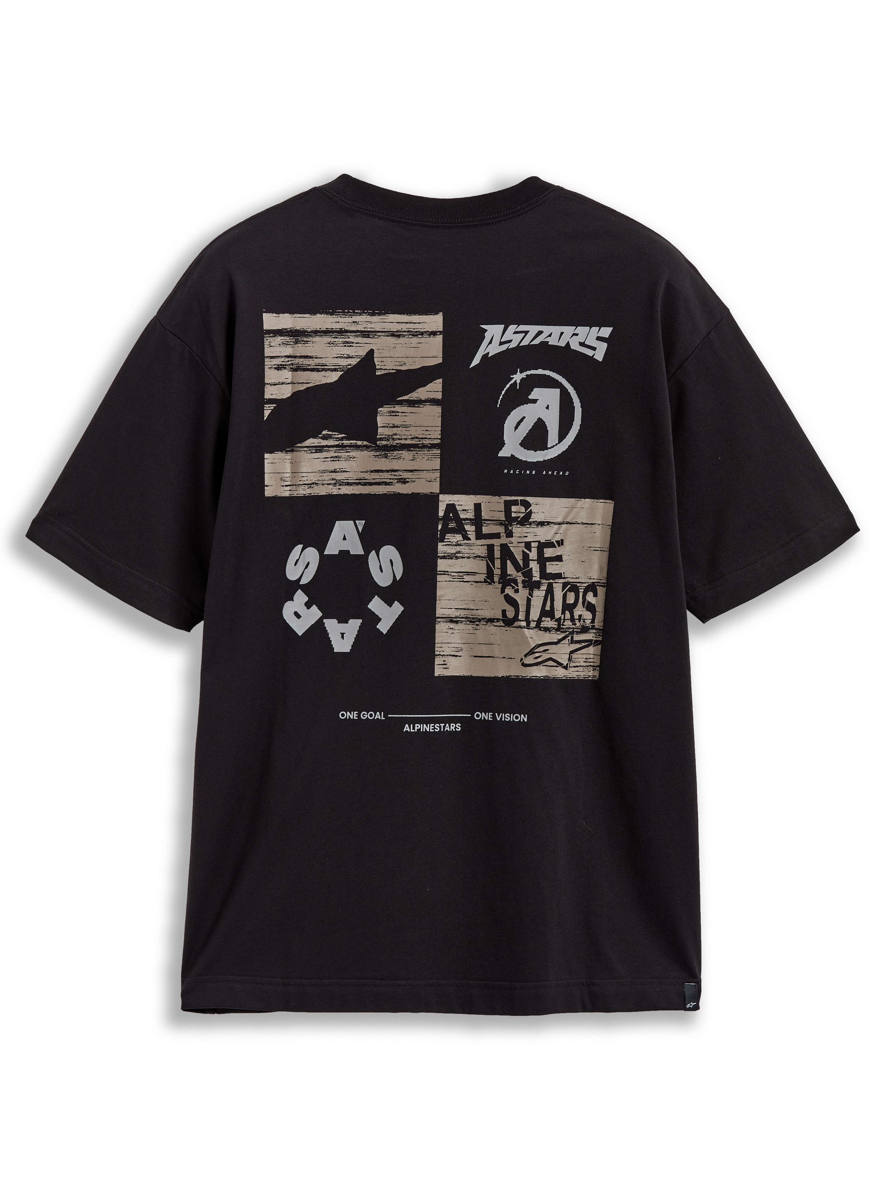 Alpinestars Checkback Oversized CSF T-Shirt, Kurzarm-T-Shirt, Schwarz, Rückansicht mit Schachbrett-Grafik, Astars-Logo und One Goal One Vision-Manifesto, Motorsport-Streetwear