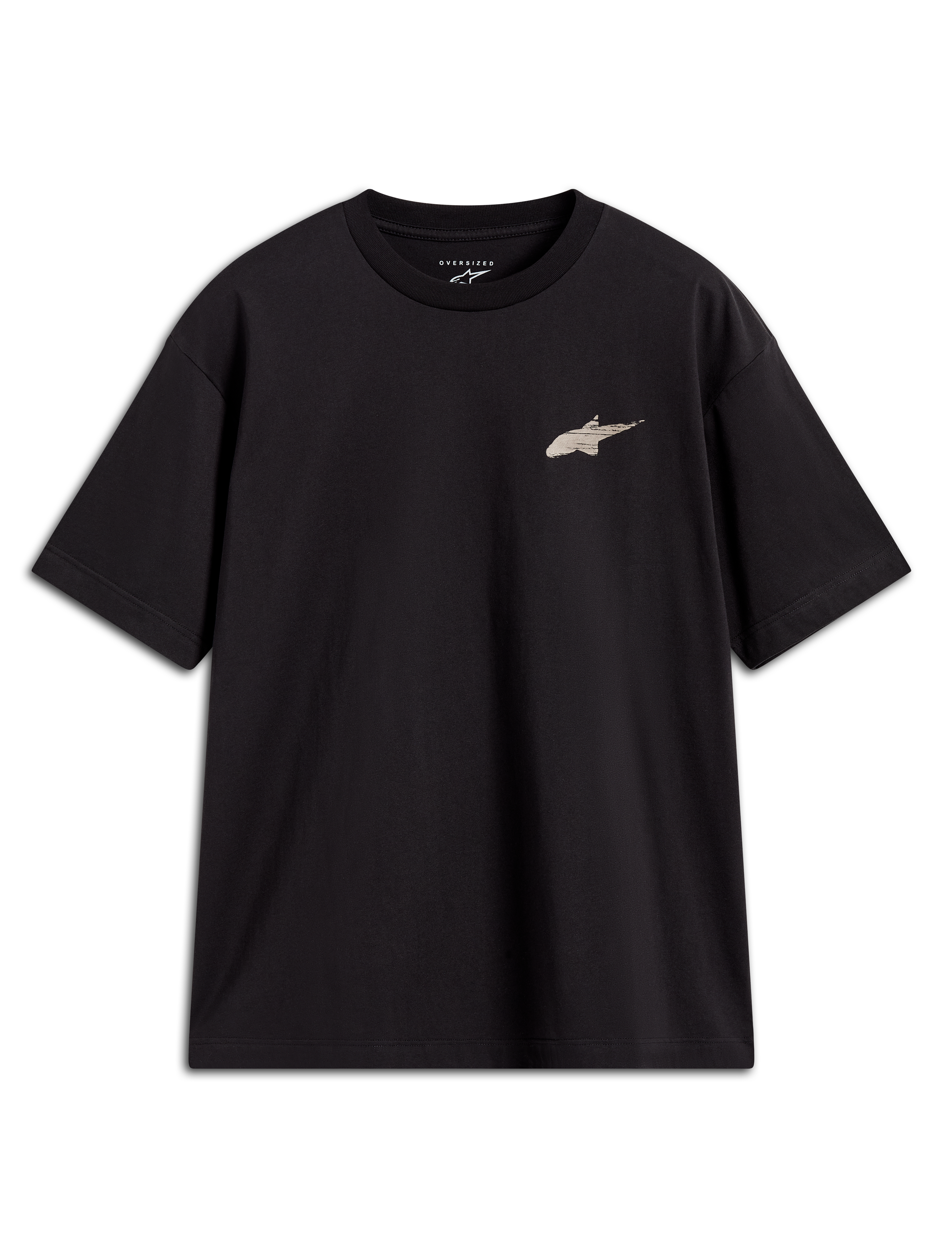 Alpinestars Checkback Oversized CSF T-Shirt, schwarzes Kurzarm-T-Shirt mit beigem Astars-Logo, Motorsport-Streetwear.