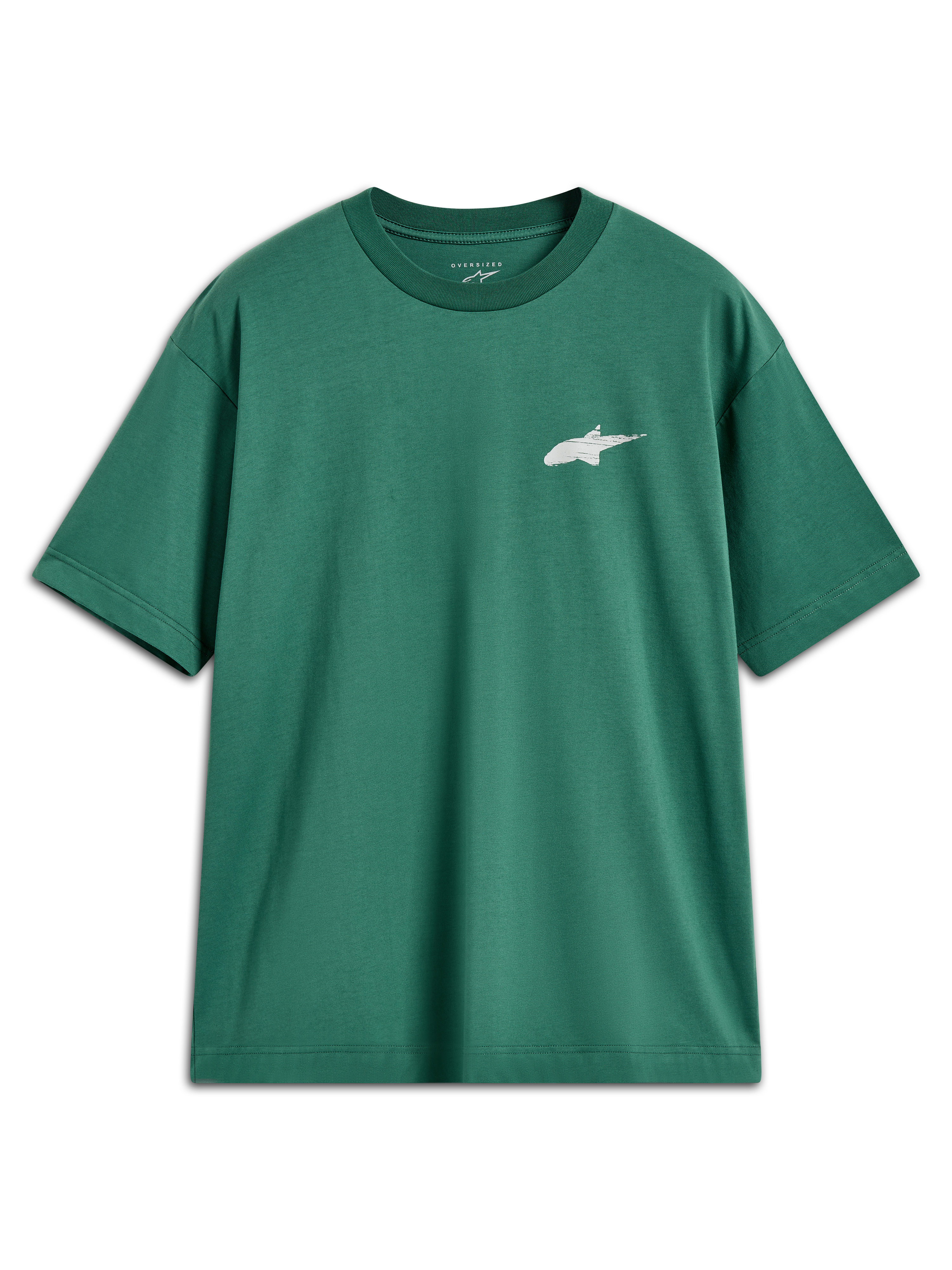 Alpinestars Checkback Oversized CSF T-Shirt, Kurzarm-Sportoberteil, Grün, mit weißem Astars-Logo auf der Brust, bequeme Oversized-Passform, lässige Motorsport-Lifestyle-Bekleidung