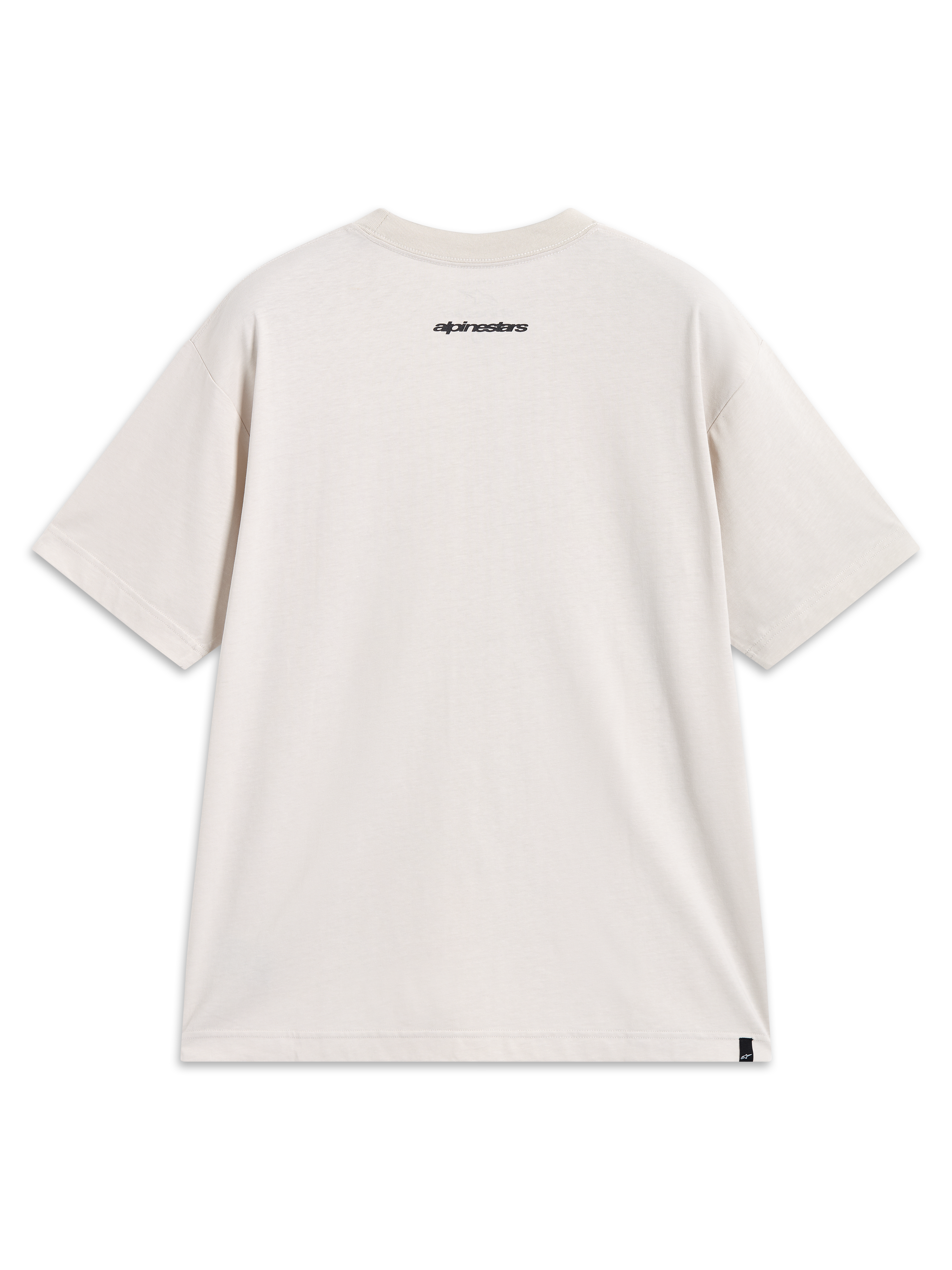 Alpinestars Mandate Oversized CSF T-Shirt, Kurzarm-Sportswear, Sandbeige, Rückansicht mit Nacken-Grafik und Logo-Etikett.